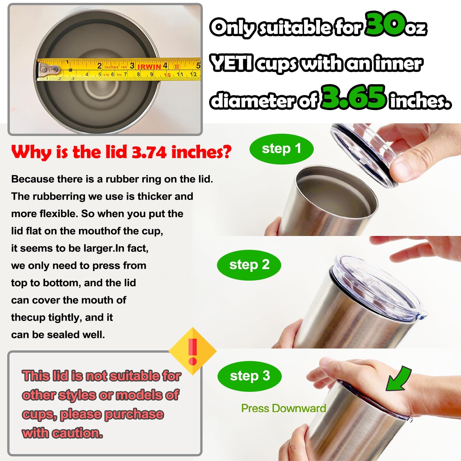 2 Replacement Lids for Stainless Steel Tumbler Travel Cup – Fits OF Inner dia…