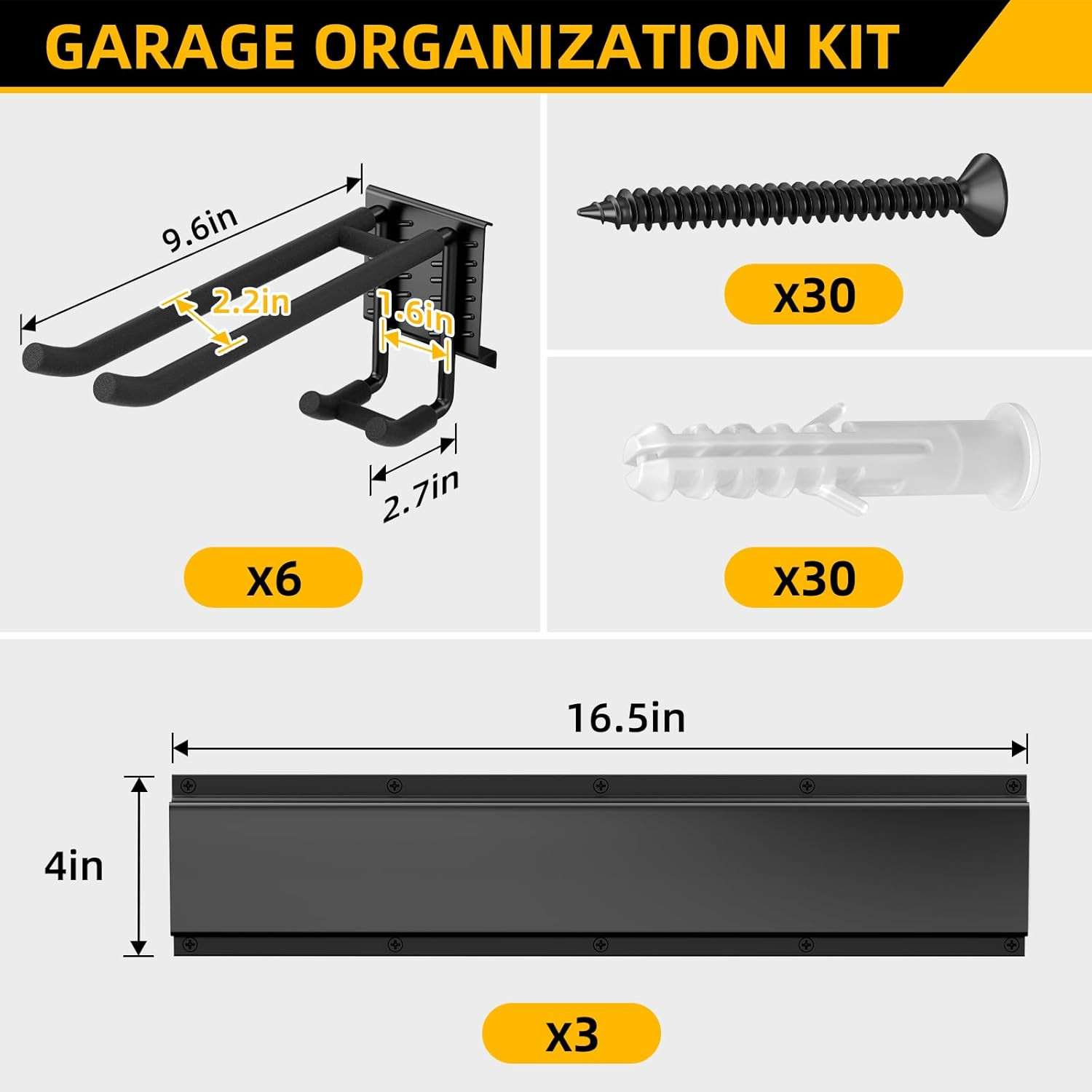 Garage Tool Organizer Wall Mount with 49.5 Inches Rails and 6 Double-Layer Hooks