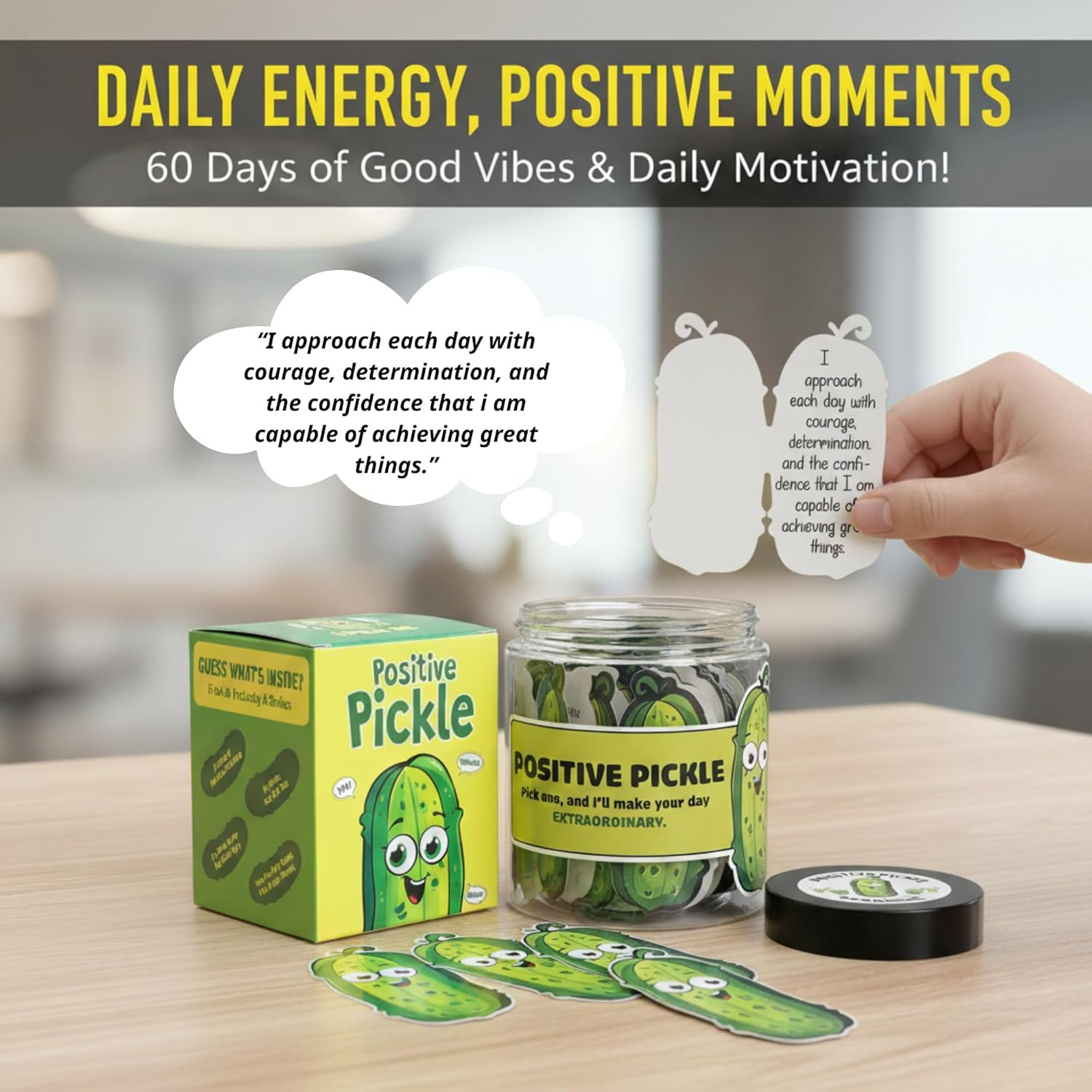 60 Positive Pickle Cards Jar, Birthday Gifts for Women, Teens, Adults, Back to S