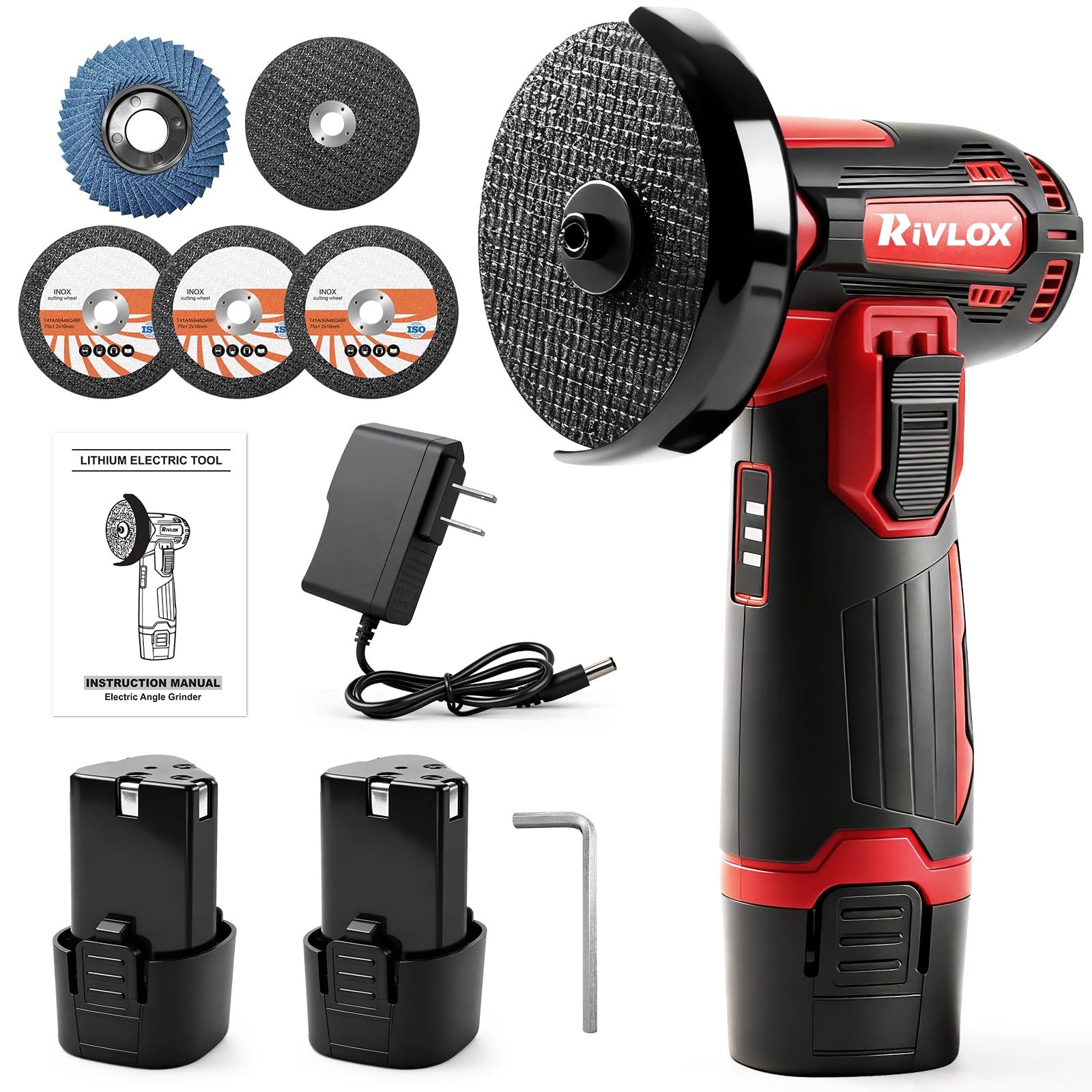 Cordless Angle Grinder Kit, 3-inch Mini Angle Grinder Tool with 2Pcs 12V 1500mAh