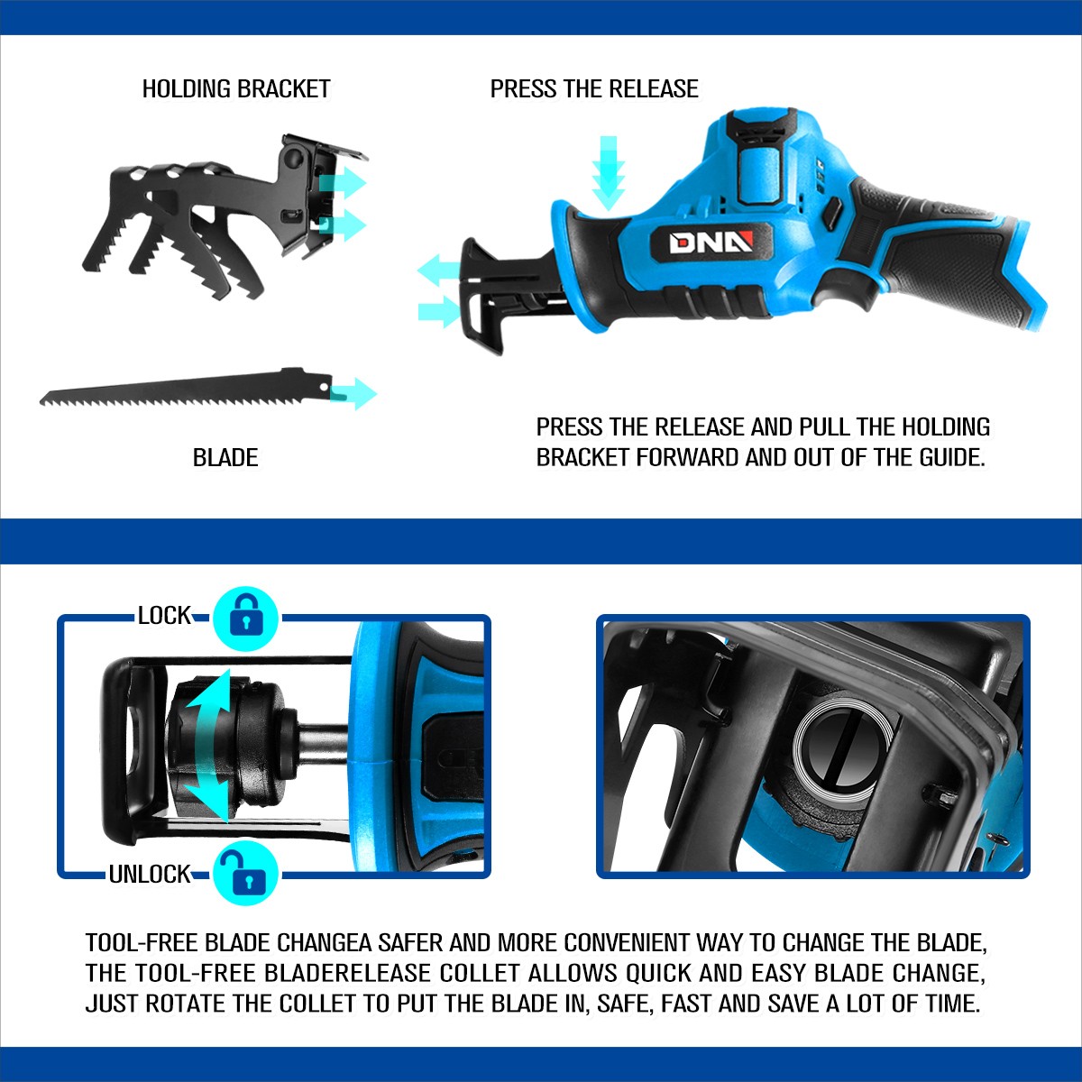DNA Motoring 12V Cordless Reciprocating Saw w/Blade and Holding Bracket Kit Blue