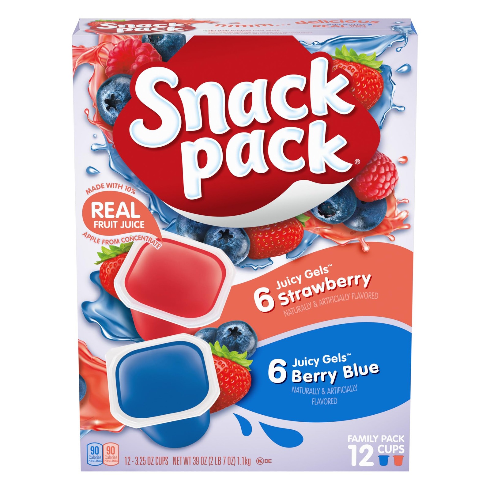 Snack Pack Strawberry and Berry Blue Flavored Juicy Gels Cups, 3.25 oz, 12Count