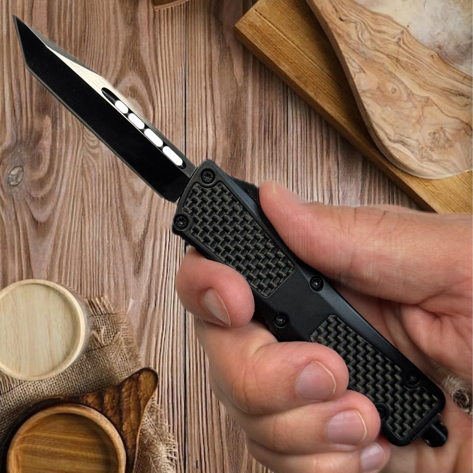 Kitchen Knife Portable Metal Handle Carbon Fiber Pattern EDC Sheath and Gift Box