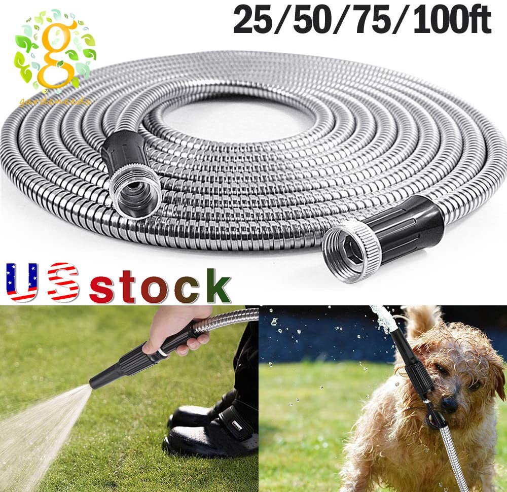 Stainless Steel Metal Garden Water Hose Pipe 25 50 75 100FT Flexible Lightweight