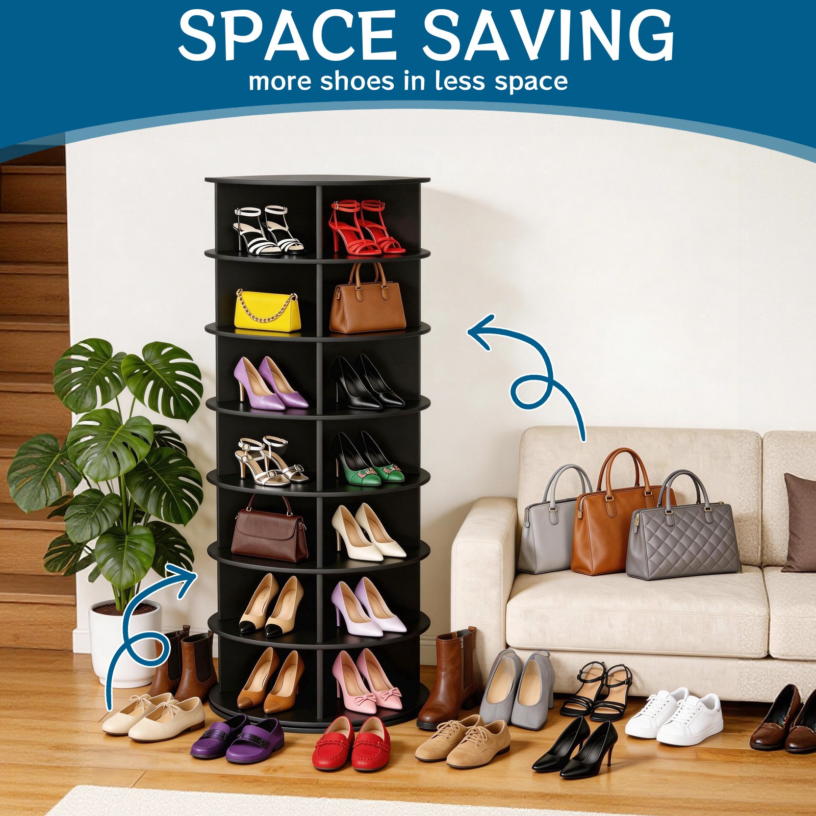 Rotating Shoe Rack Tower 7 Tier Organizer, Revolving 360 Black Shoe Rack Storage