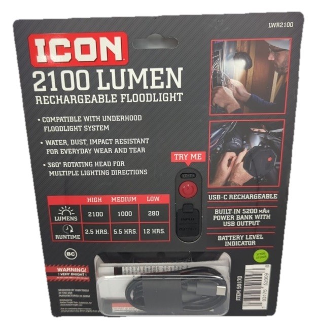 ICON 2100 Lumen LED Compact Magnetic Rechargeable Floodlight Under Hood LWR2100