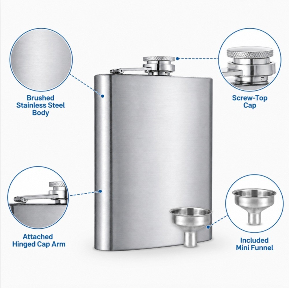 Stainless Steel Pocket Hip Flask -6 8 10 oz Liquor Flask with Screw Cap & Funnel