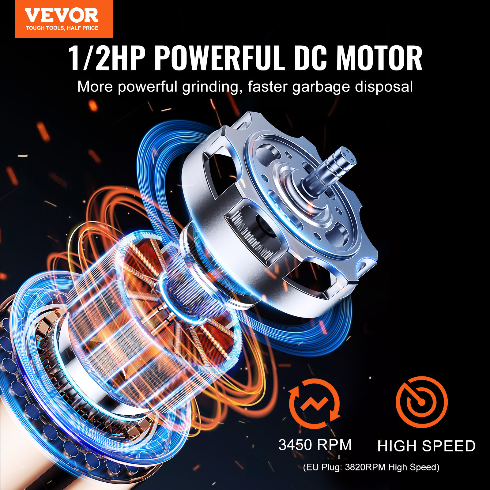 VEVOR Garbage Disposal 1/2 HP Continuous Food Waste Disposer 3450RPM EZ Connect