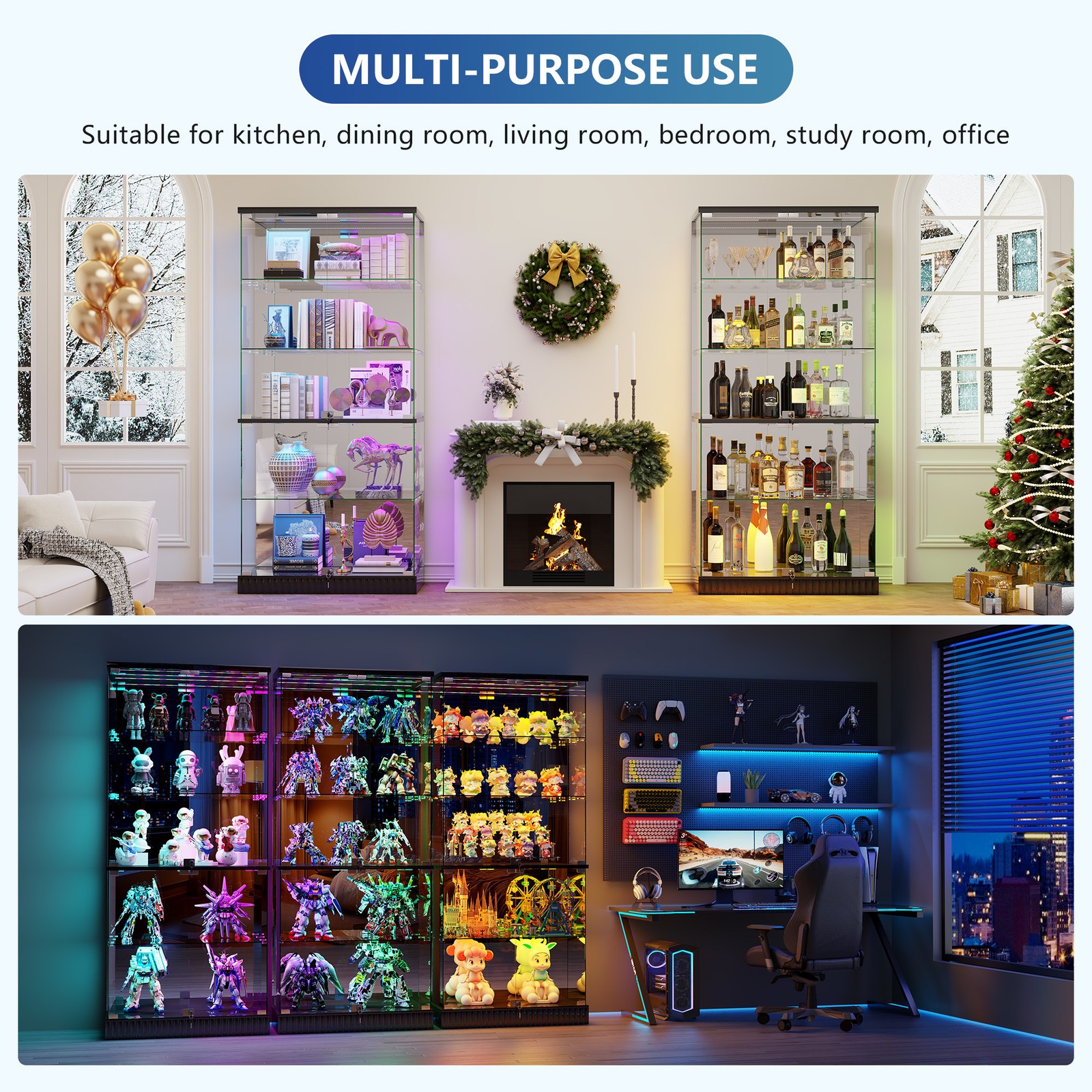 Display Cabinet with Glass Doors, Clear Display Case with Dynamic RGB Lights