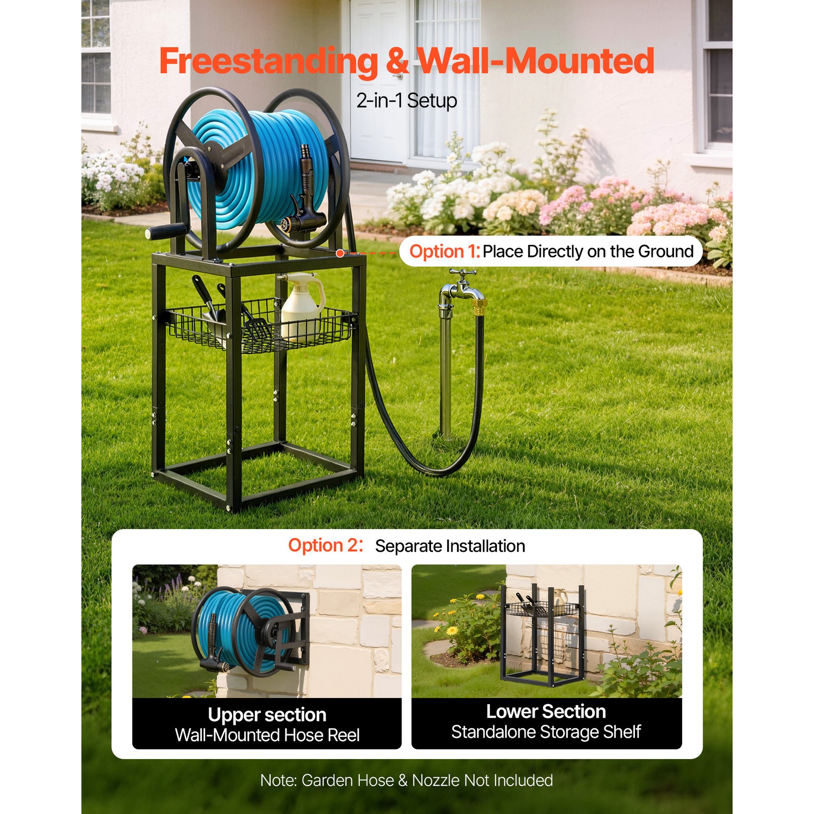 Uimoso Wall-Mounted Garden Hose Reel Freestanding 200 ft 5/8-inch Hose Backyard