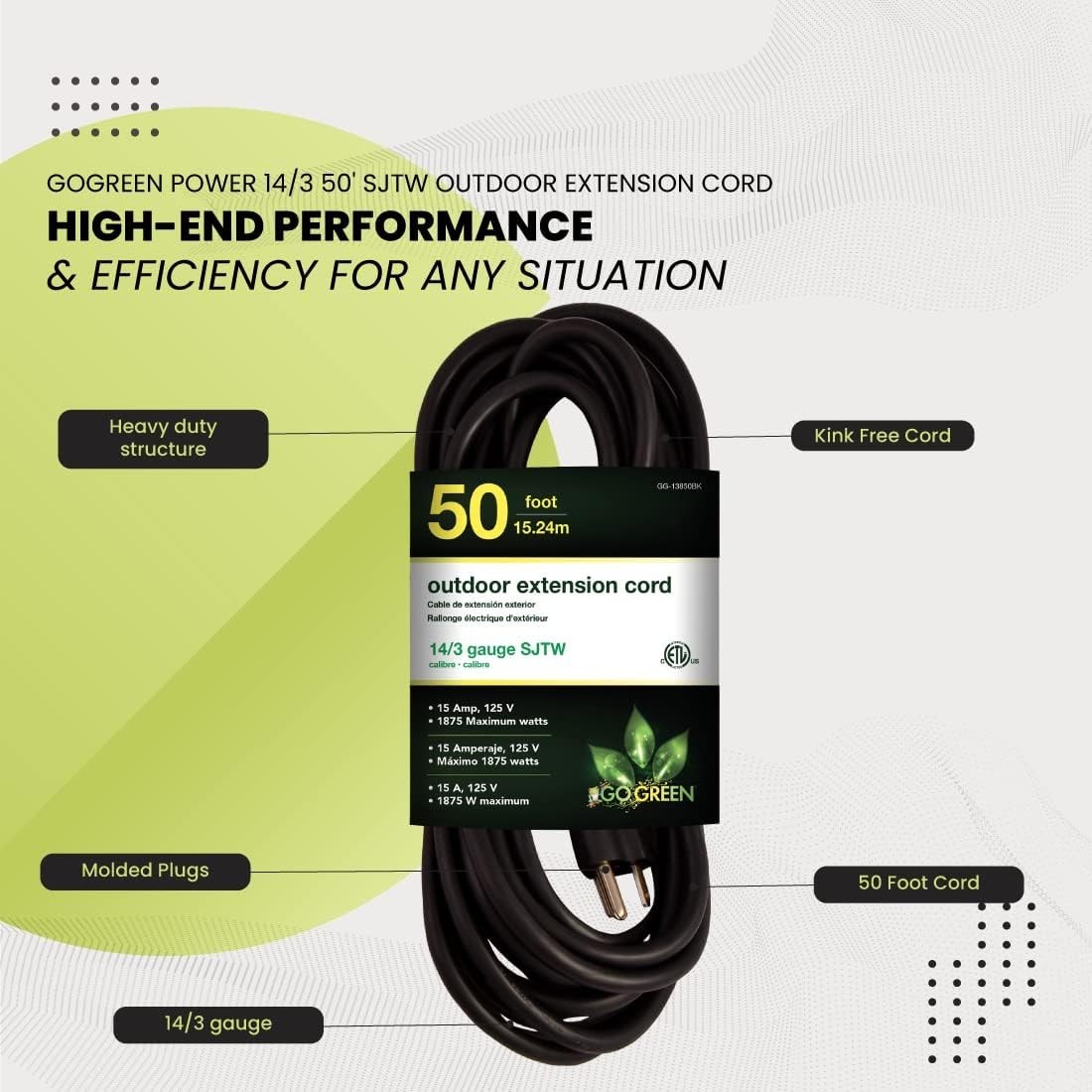 Go Green 50ft Heavy Duty Outdoor Extension Cord – Moisture Resistant Power