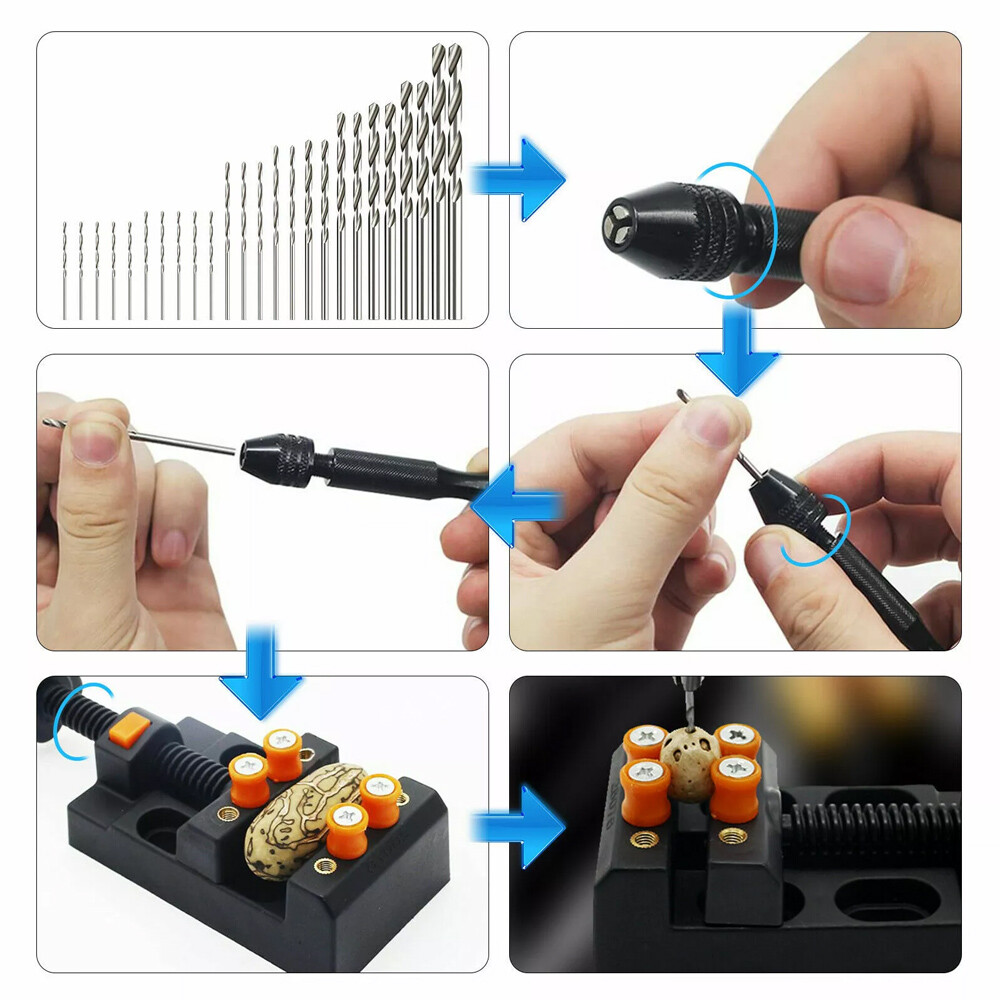 60X Mini Micro Hand Drill Bits Set Small Manual Keyless Chuck Pin Vise Rotary