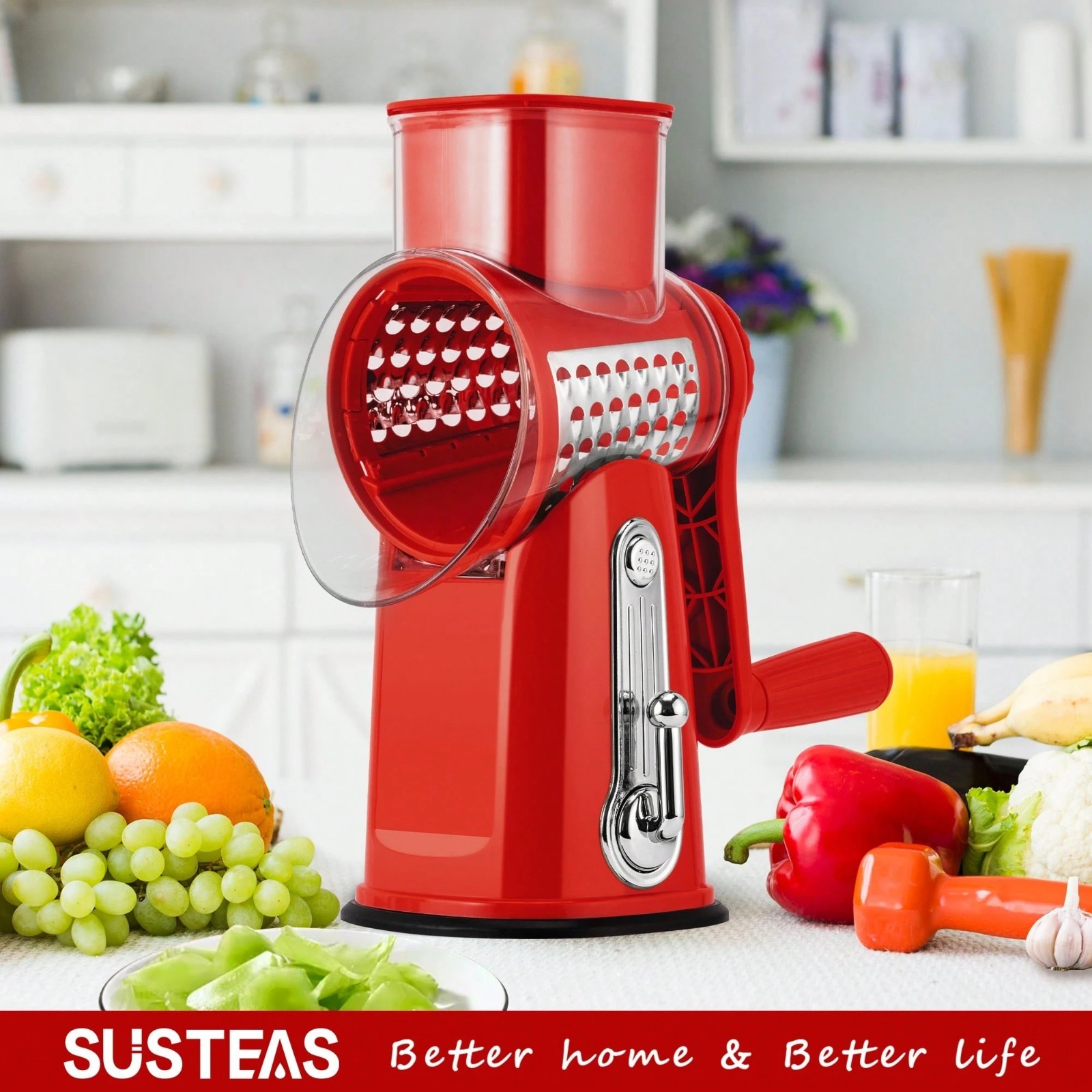 SUSTEAS Rotary Cheese Grater with 5 Blades & Storage Box Sleek Vegetable Shredde