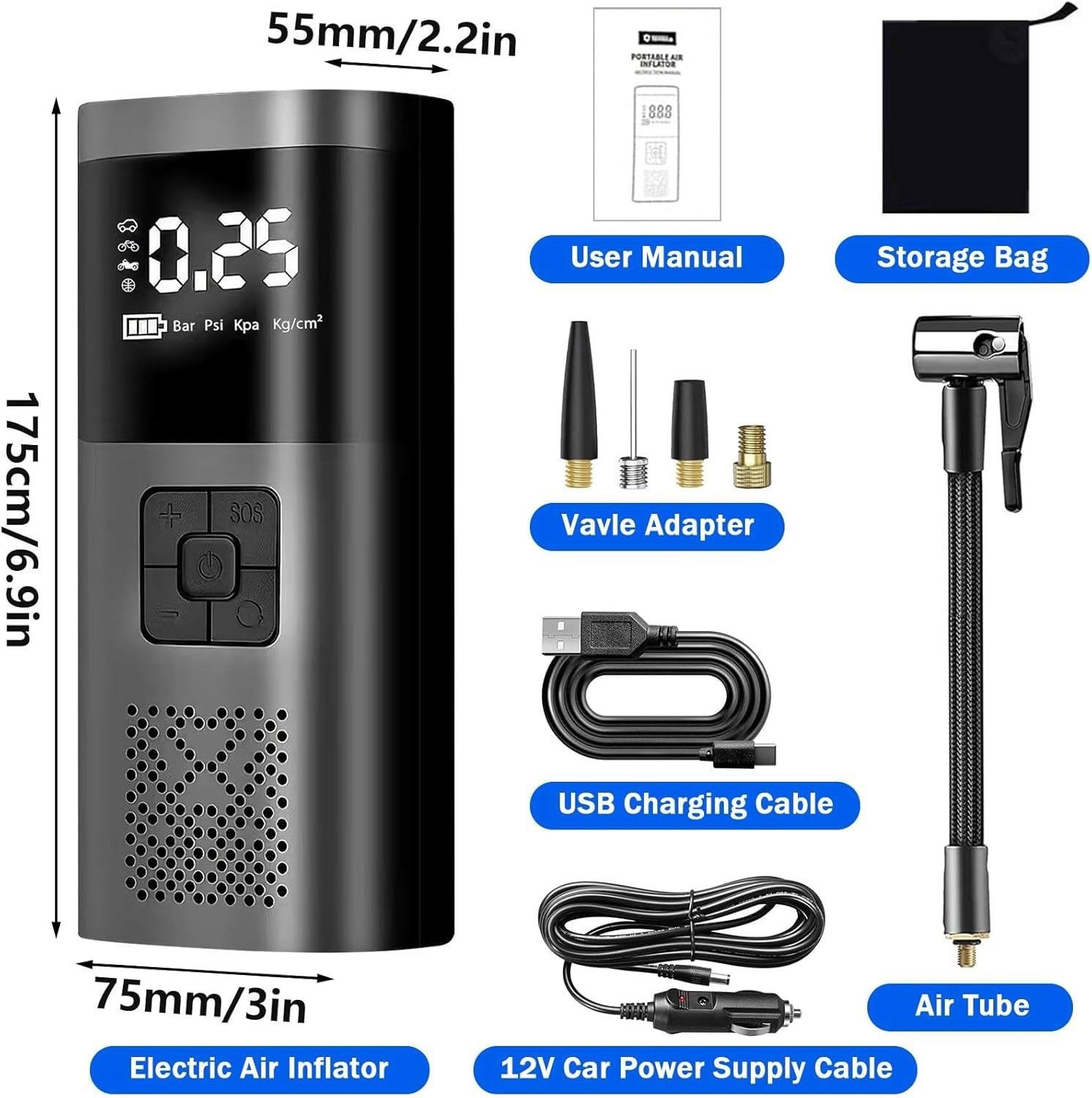6000mAh 150psi Inflator Air Pump 35LPM Auto Tire Pump 12V Portable Power Bank