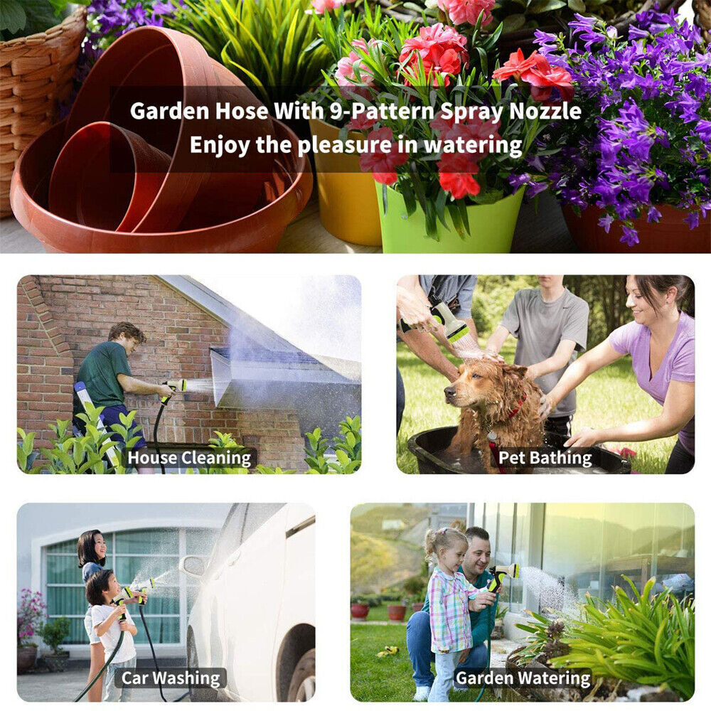 100ft Stronger Expandable Garden Hose Set 4-Layer Latex 10 Spray Nozzles Strong