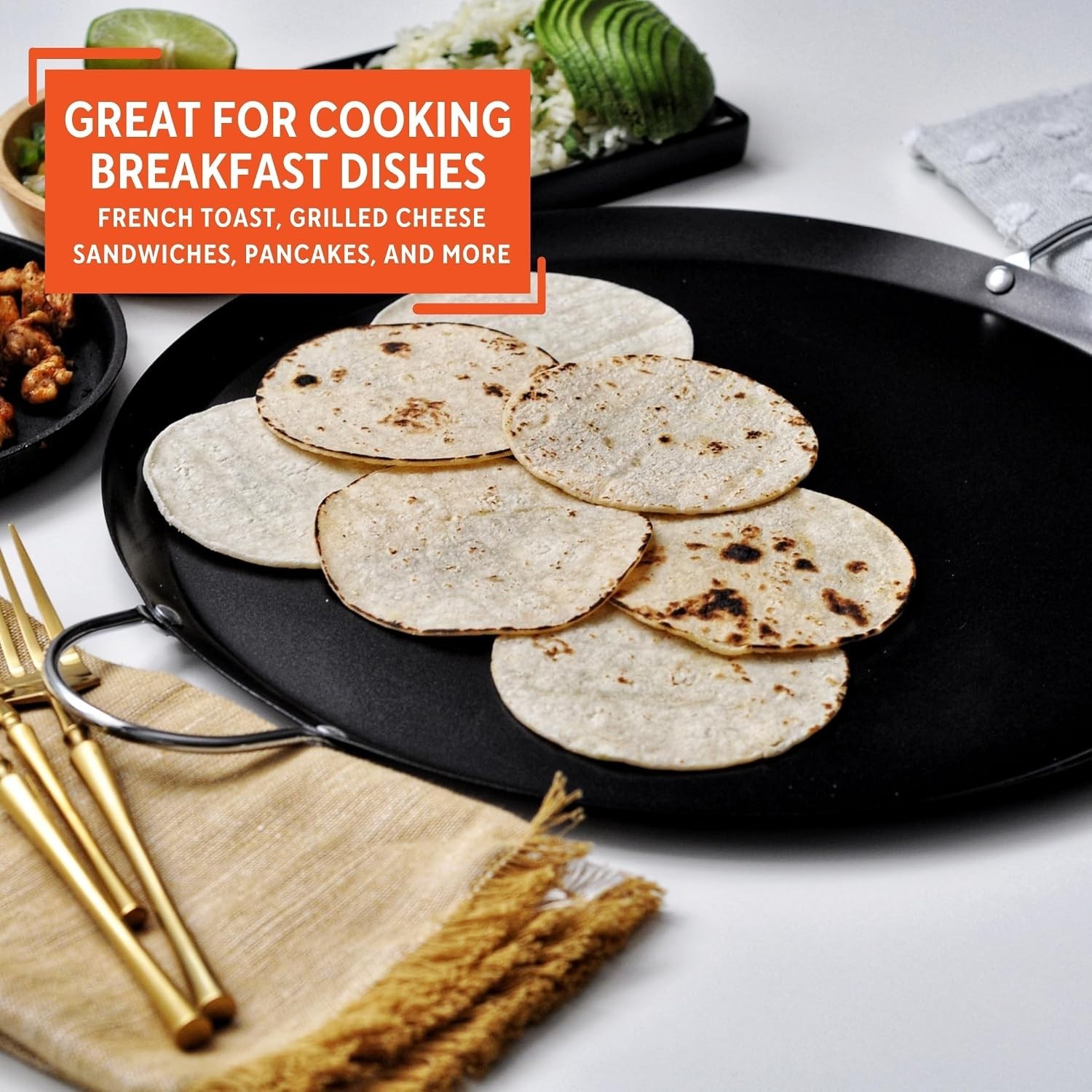 13.5in Carbon Steel Nonstick Round Comal with Metal Handles, Black | Chrome R…