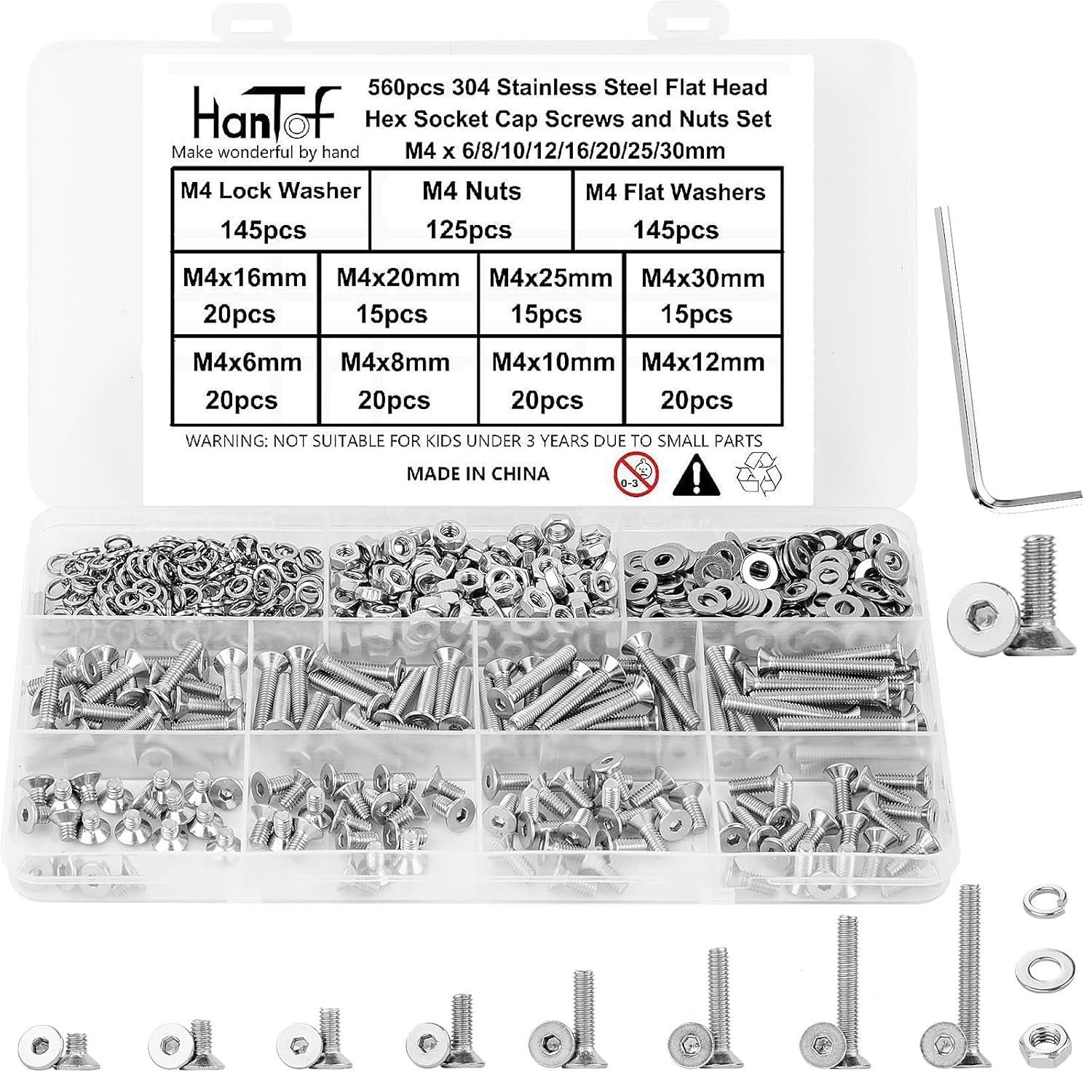 M3 M4 M5 M6 Flat Head Hex Socket Cap Screws Bolts Nuts & Washers Assortment Kit