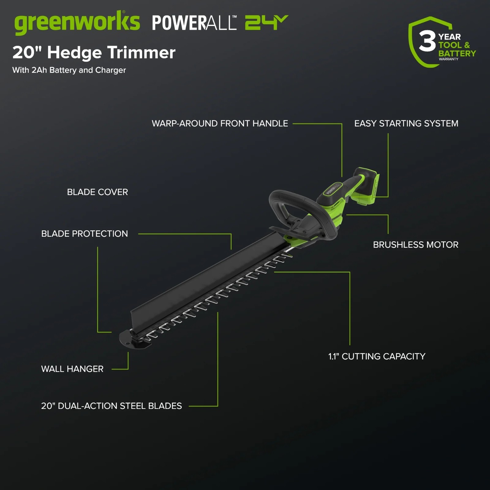 Greenworks 24V 20″ Brushless Hedge Trimmer (1″ Cutting Capacity) w/2Ah Battery