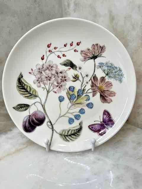 Grace Teaware 8” Salad Plate with Flowers, Butterfly and Plums