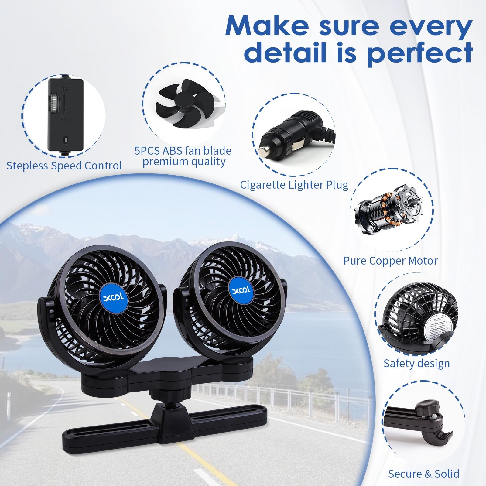 12V Car Fan 2 Head Rotatable Stepless Speed Air Cooler For Vehicles SUV RV