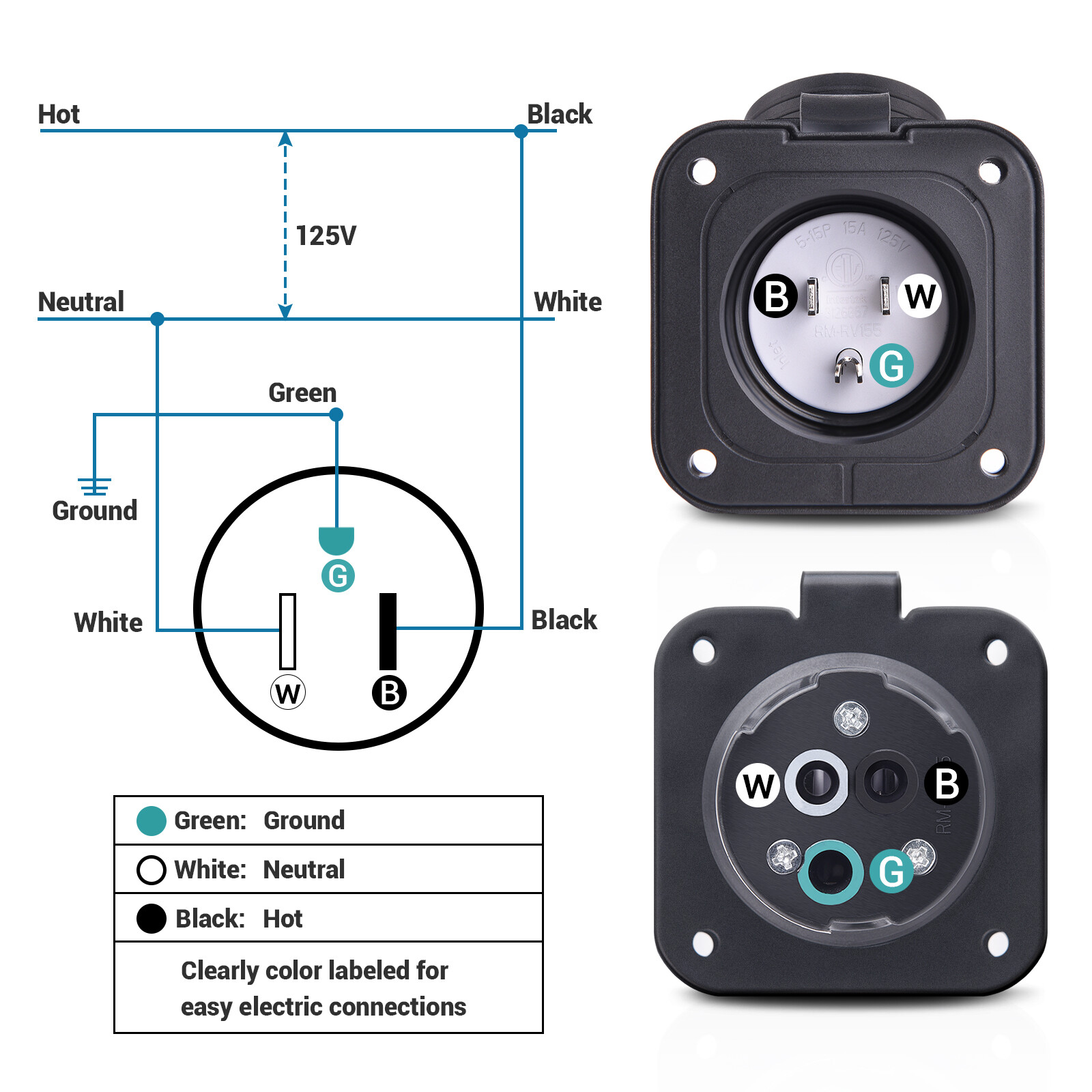 125V Shore Power Inlet Port Plug NEMA 5-15P Male Receptacle RV Flanged Inlet