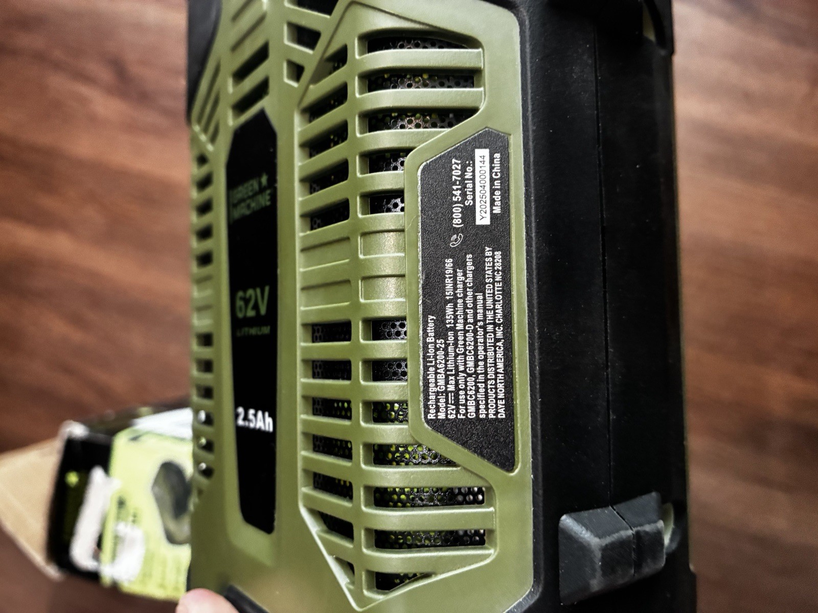 Green Machine 62V 2.5 Ah High Capacity Fade-Free Lithium Power Battery