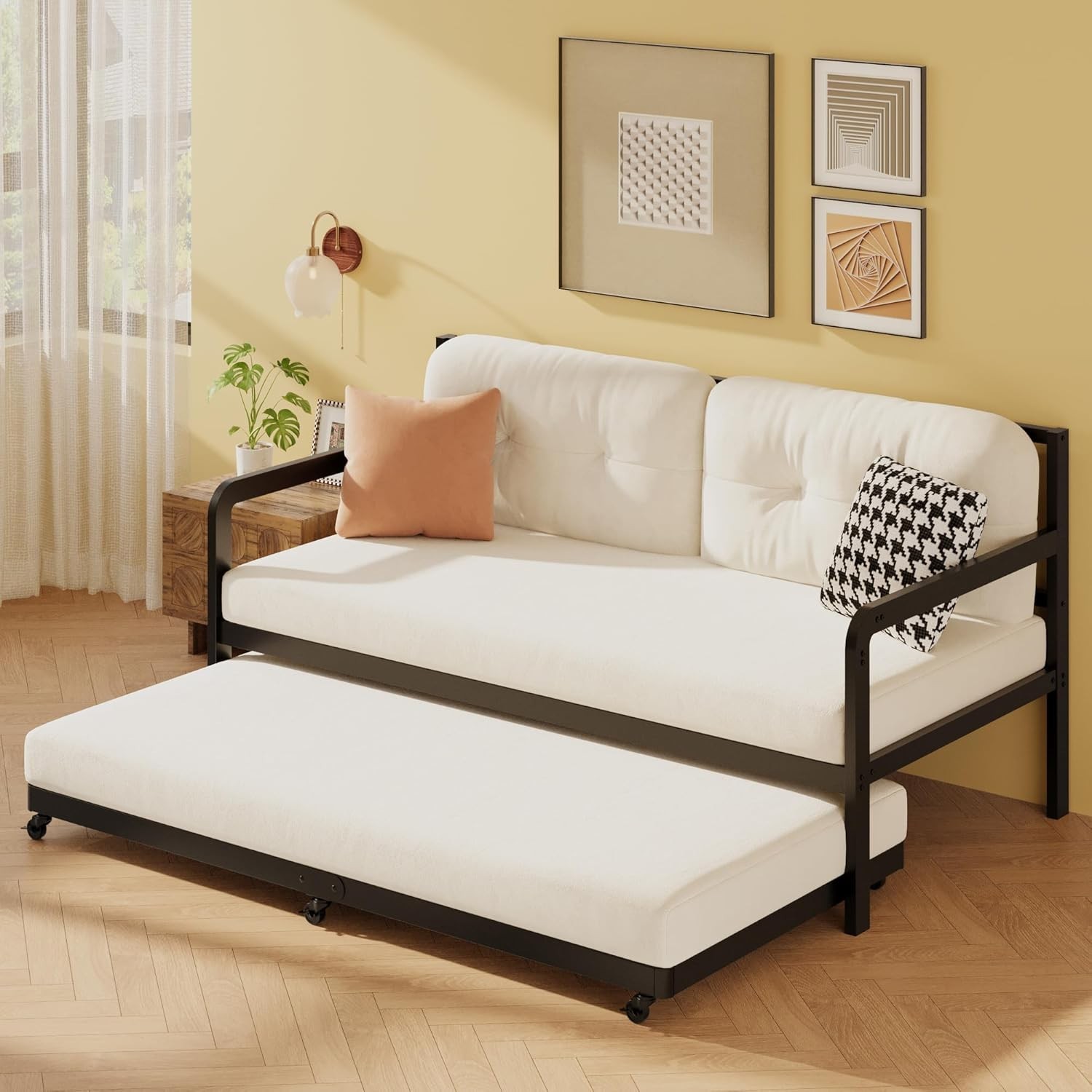 Trundle Bed Twin with 6 Lockable Casters, Roll Out Twin Trundle Bed Frame wit…