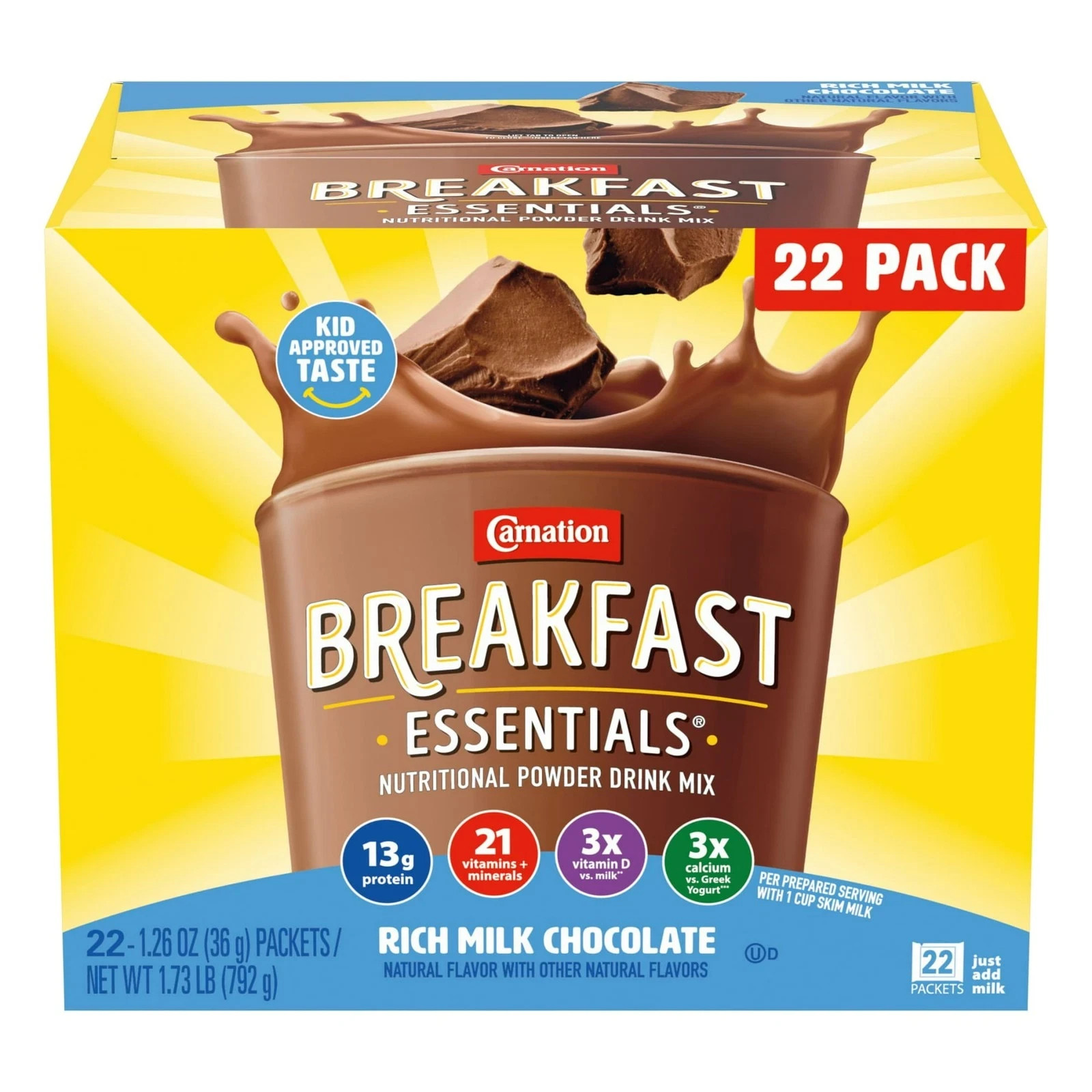 Carnation Instant Breakfast Powder Drink Mix, Rich Milk Chocolate, Box of 22..