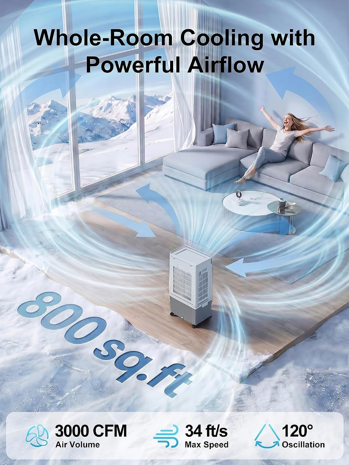 2026 Upgraded 3000 CFM Swamp Cooler, Evaporative Air Cooler with 6 Gal Detachabl