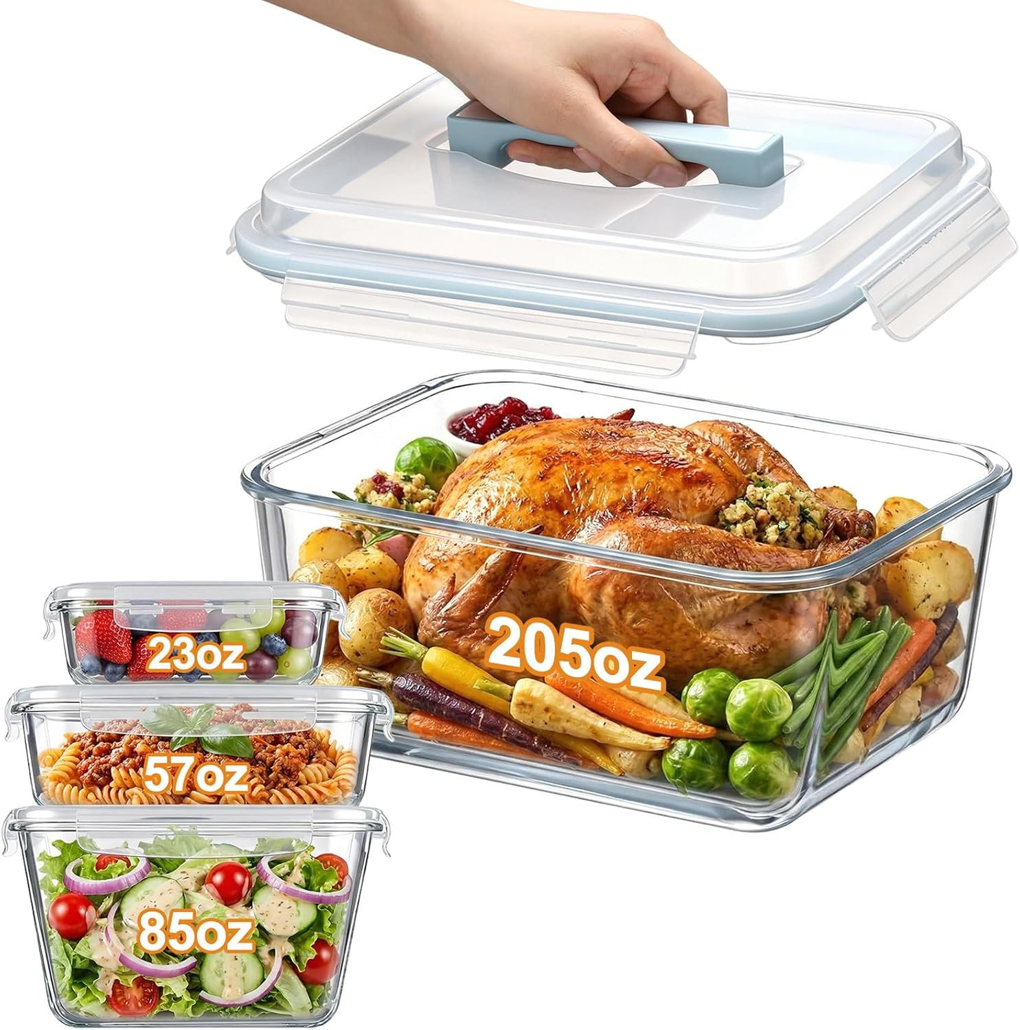 4 Pcs Extra Large Glass Food Storage Container with Airtight Locking Lid 205Oz 8