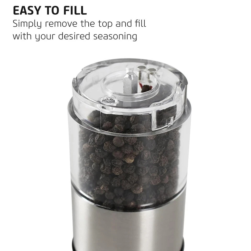 2 Pack Electric Salt Pepper Grinder Mill Shakers Set Adjustable Stainless Steel