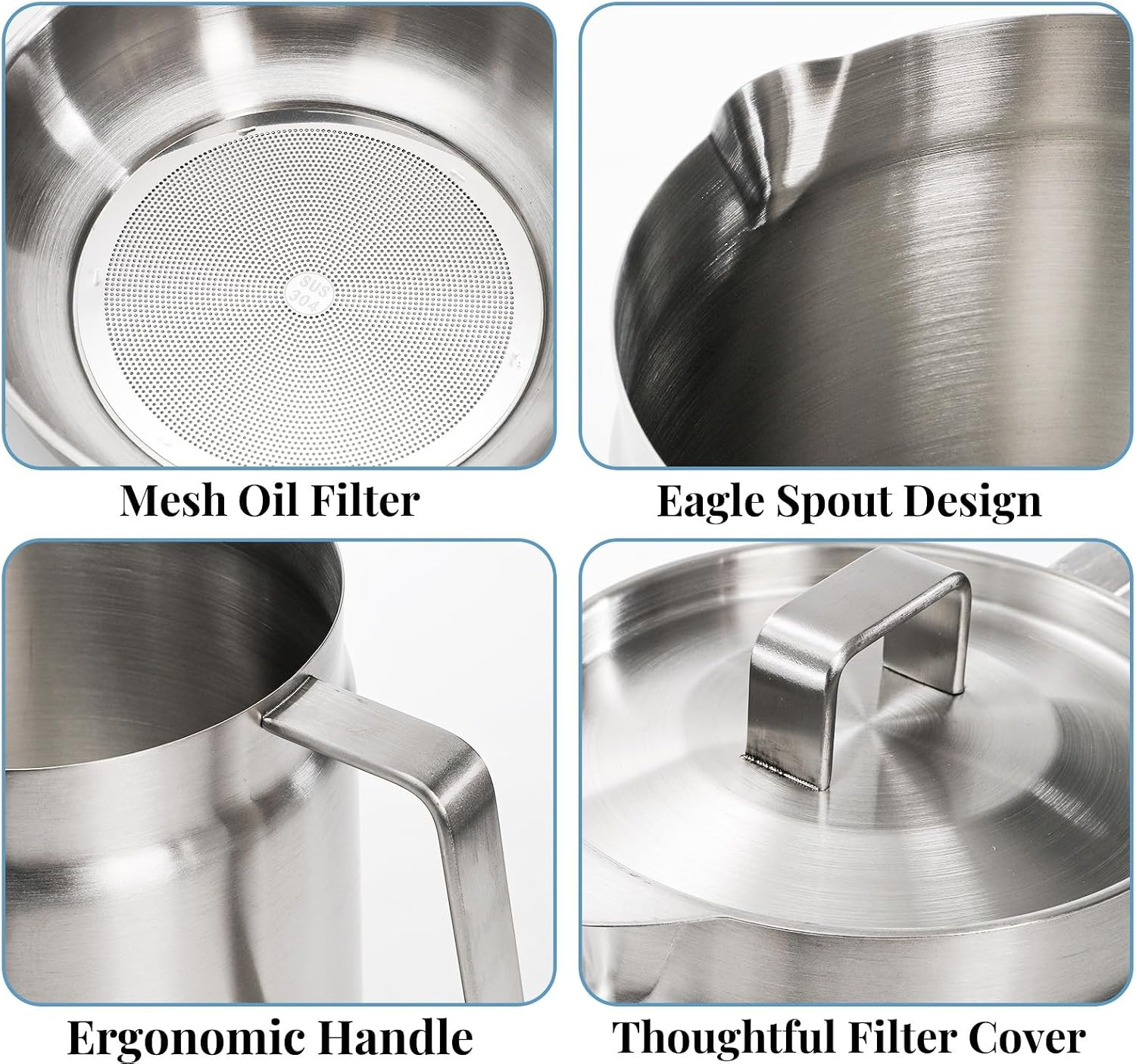 304 Stainless Steel Oil Filter Pot, 68 Oz Deep Fryer Pot with Strainer Basket,