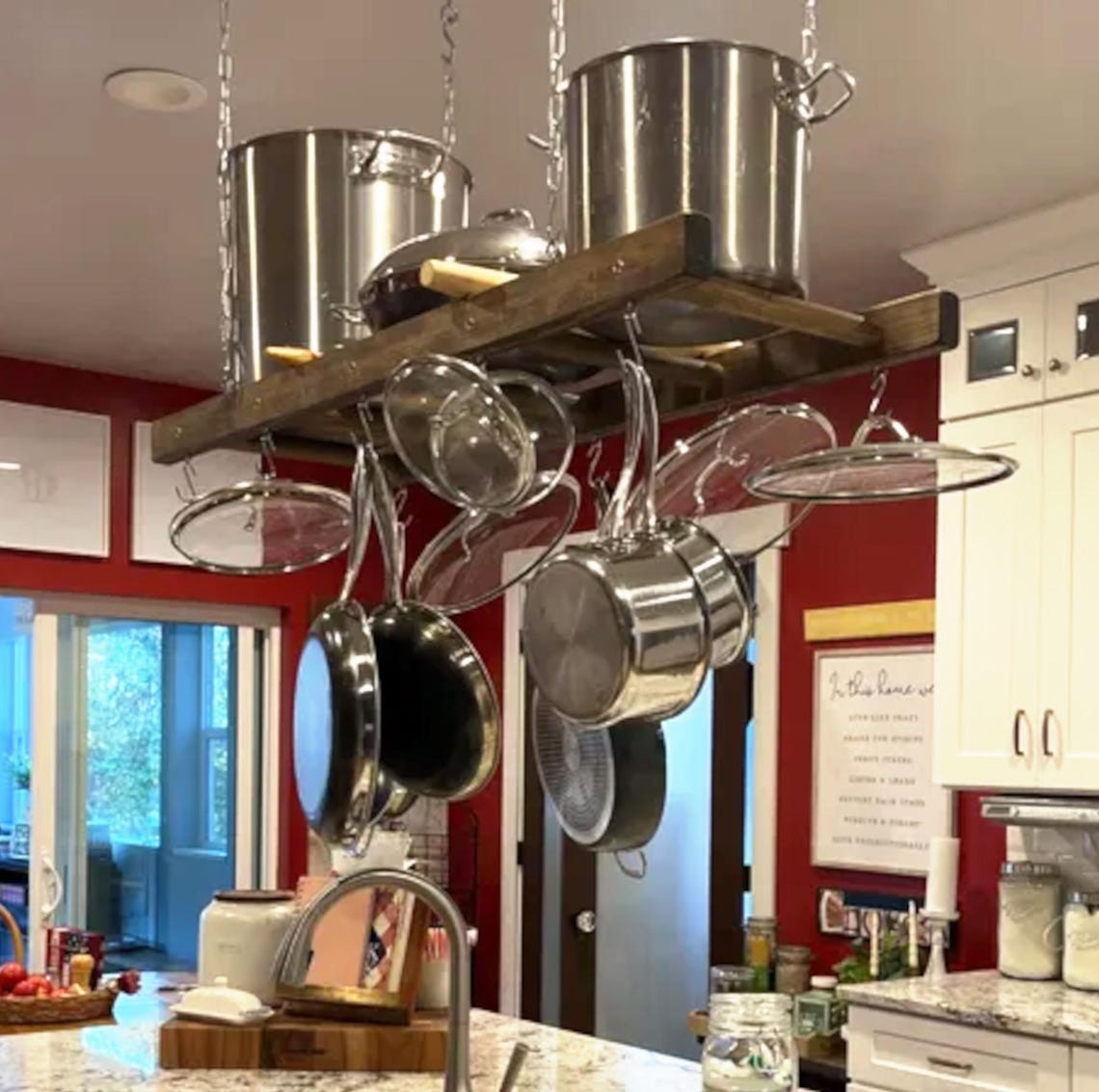 Farmhouse Kitchen Island Pot Rack Ladder – Walnut Stained Wooden Rack