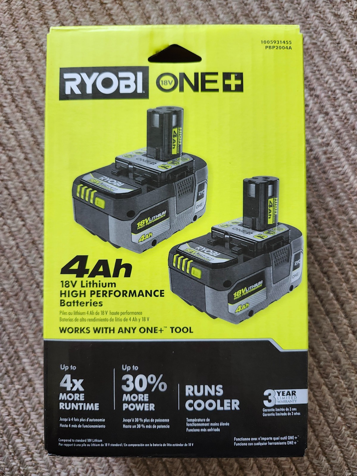 RYOBI ONE+ 4Ah 18V Lithium HIGH PERFORMANCE Batteries (2-Pack) PBP2004A