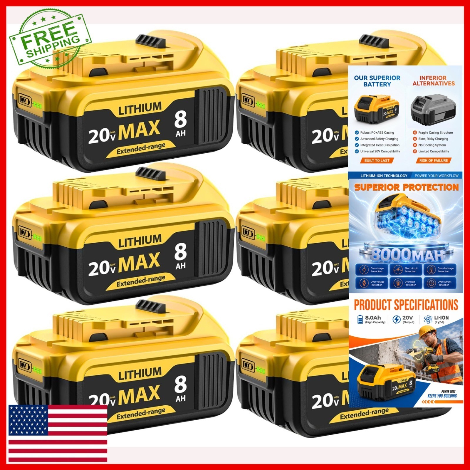 6-Pack 8000mAh Replacement Dewalt 20V Max Battery High Capacity