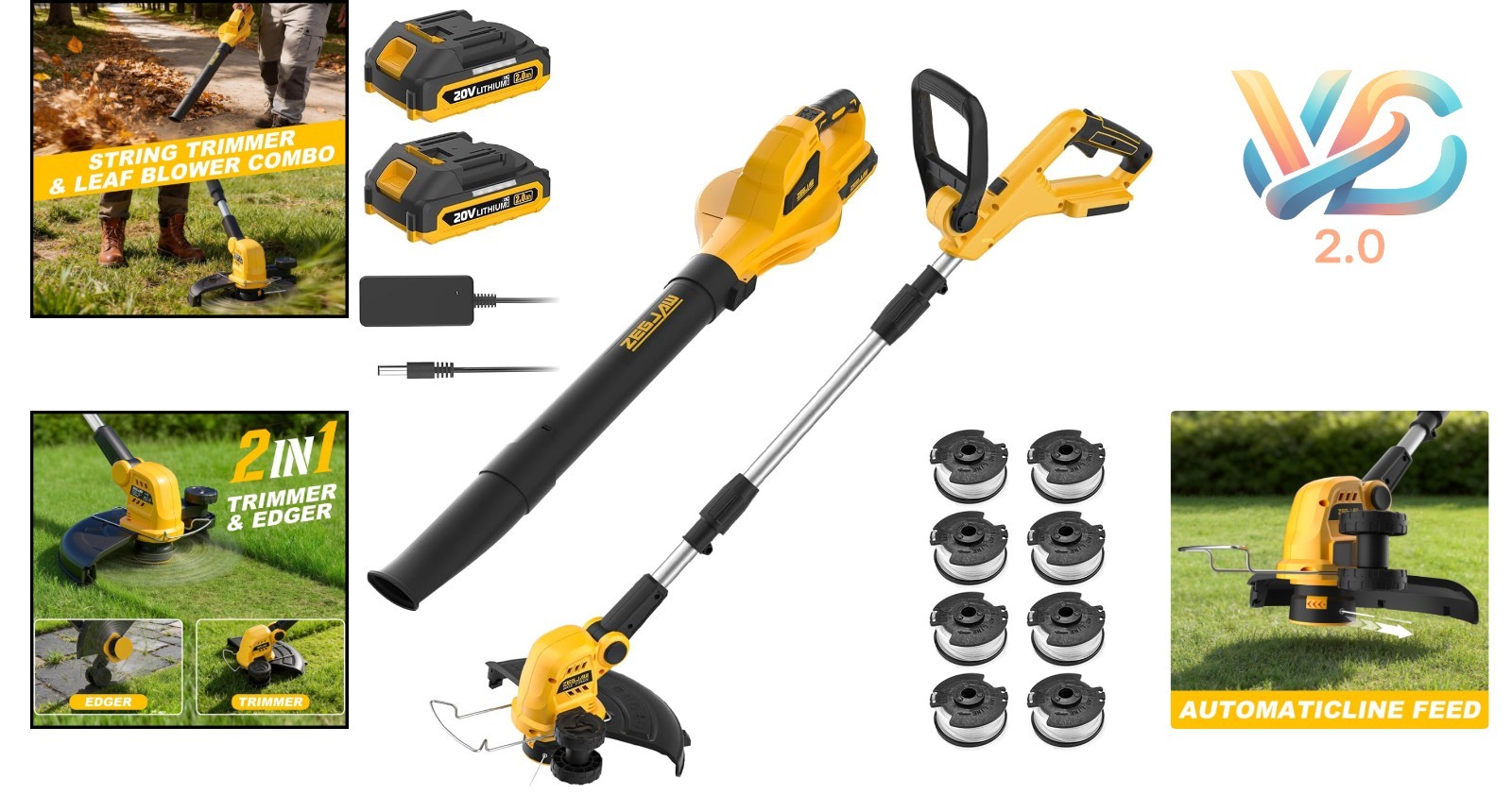 2-in-1 Cordless Leaf Blower & String Trimmer Kit 150 MPH 12 Inch, 2×2.0Ah