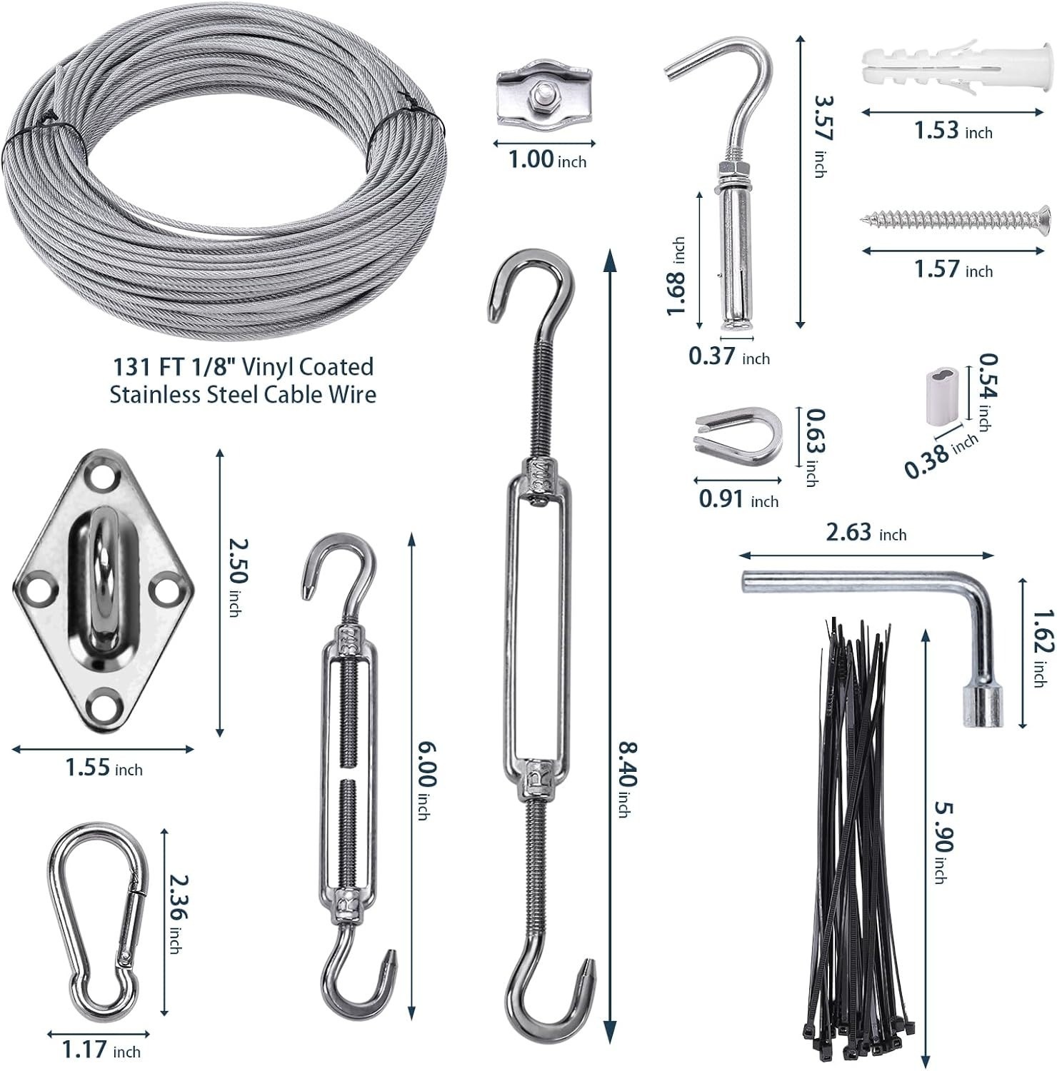 Sun Shade Sail Hardware Kit w/ 131ft Wire Rope Cable Turnbuckle Heavy Duty 243pc