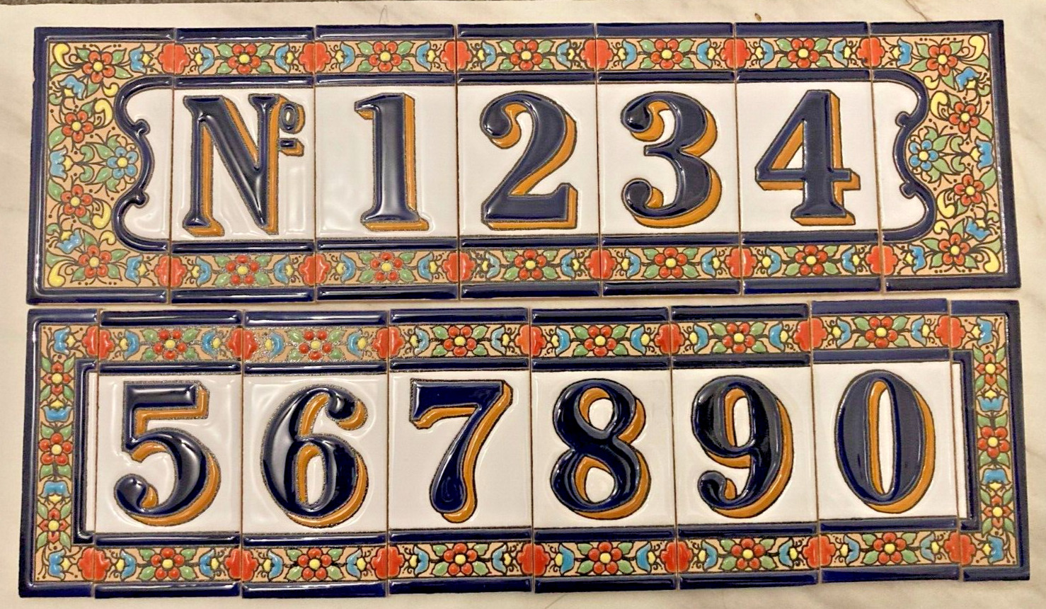 House Number Letter Spanish Hand Painted Ceramic Tile 11 x 5.5cm Frames Dog Cat