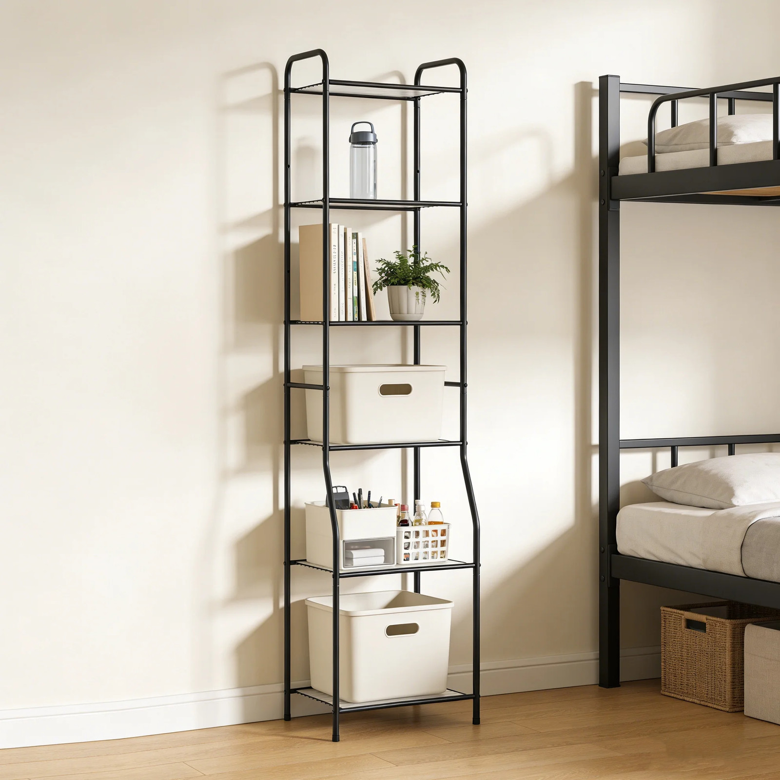 Matte Black Steel 5-Shelf Bathroom Storage Tower Unit