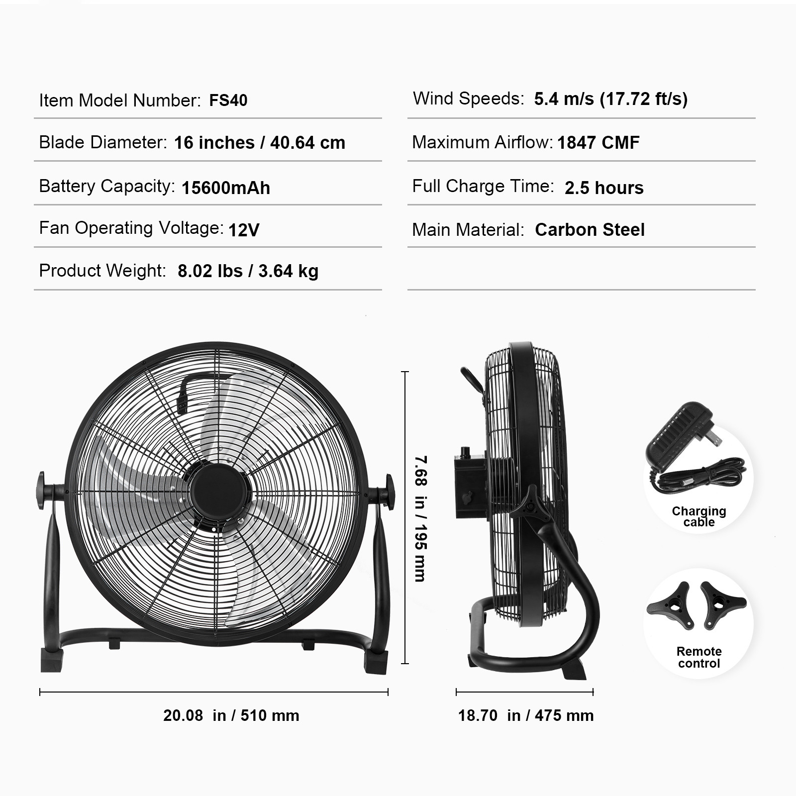 VEVOR 16” Rechargeable High Velocity Cordless Floor Fan Battery Metal Camping