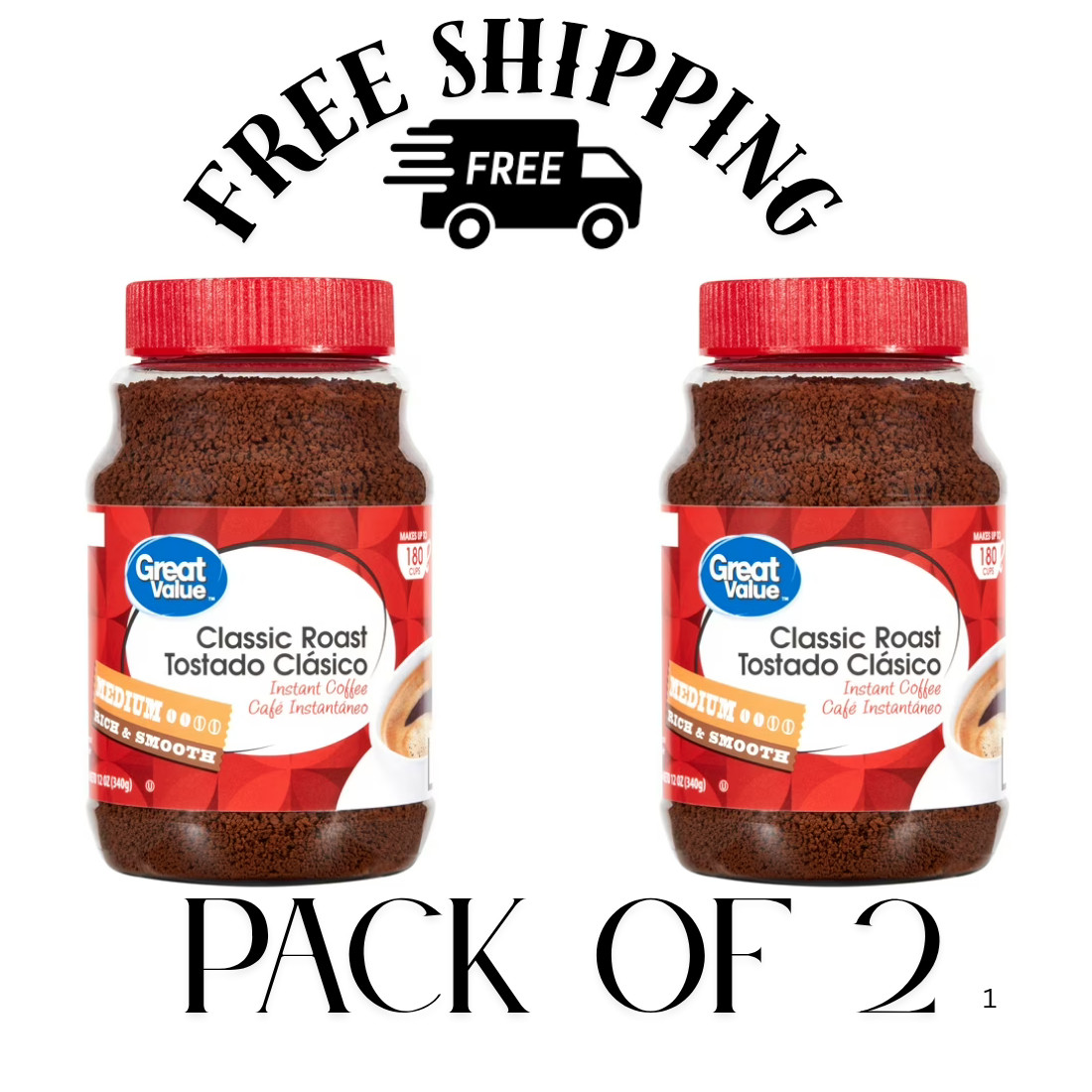 (PACK OF 2) Great Value Classic Medium Roast Instant Coffee, 12 oz