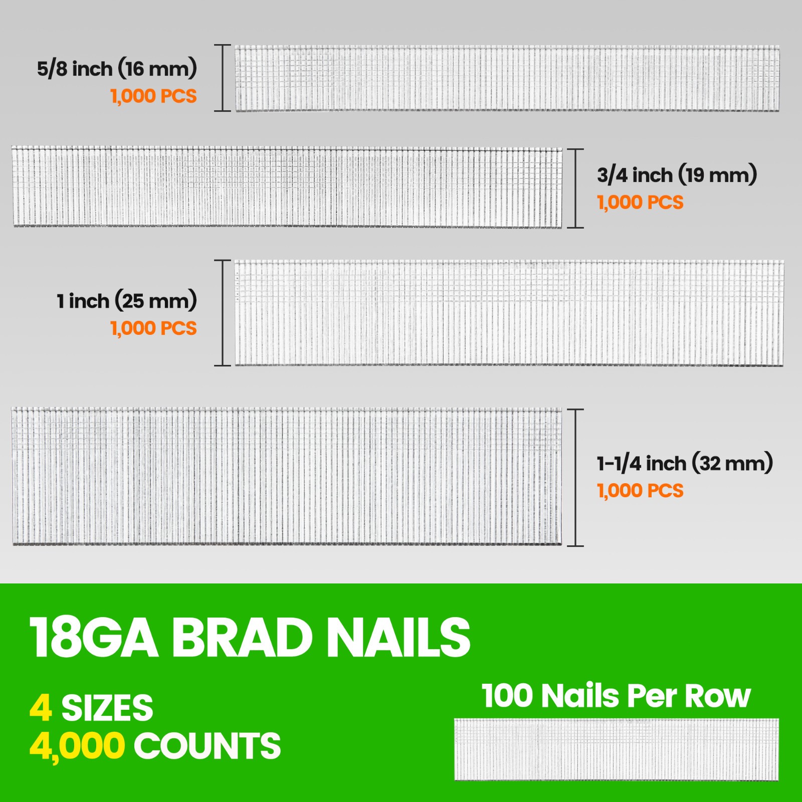 4,000 Counts 18 Gauge Brad Nails 4 Sizes (5/8″, 3/4″, 1″, 1-1/4″) Galvanized