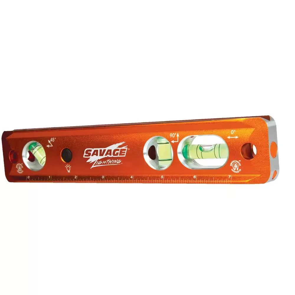9 In. Aluminum Lighted Magnetic Torpedo Level with 3 Bubble Vials, Etched Ruler