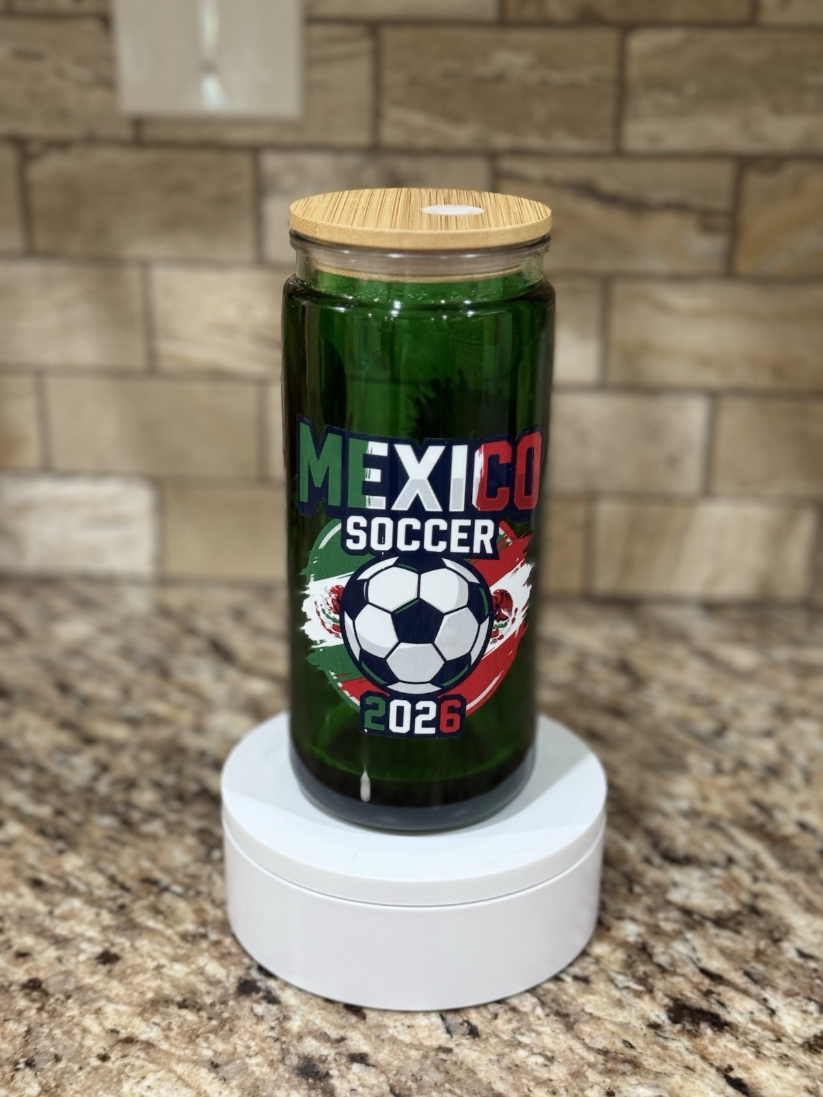Green Glass Cup Tumbler w/ Wooden Lid, Mexico Soccer Decor, Eagle, Round