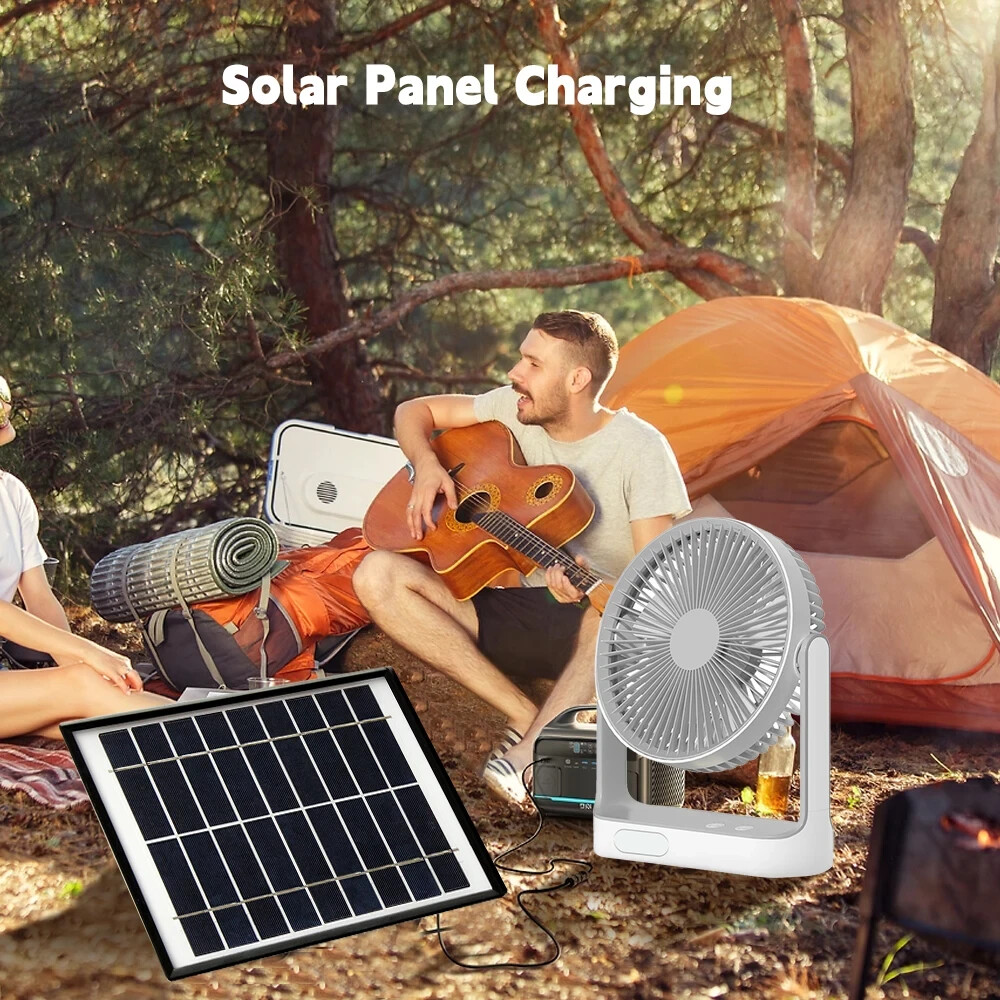 8 INCH Rechargeable Fan 30 dB With solar panel, Variable Speed and 2 Free bulbs