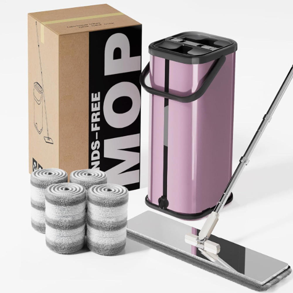 Flat Mop Bucket Set Separate Dirty Water Stainless Steel Bucket 2/4/6 Pads