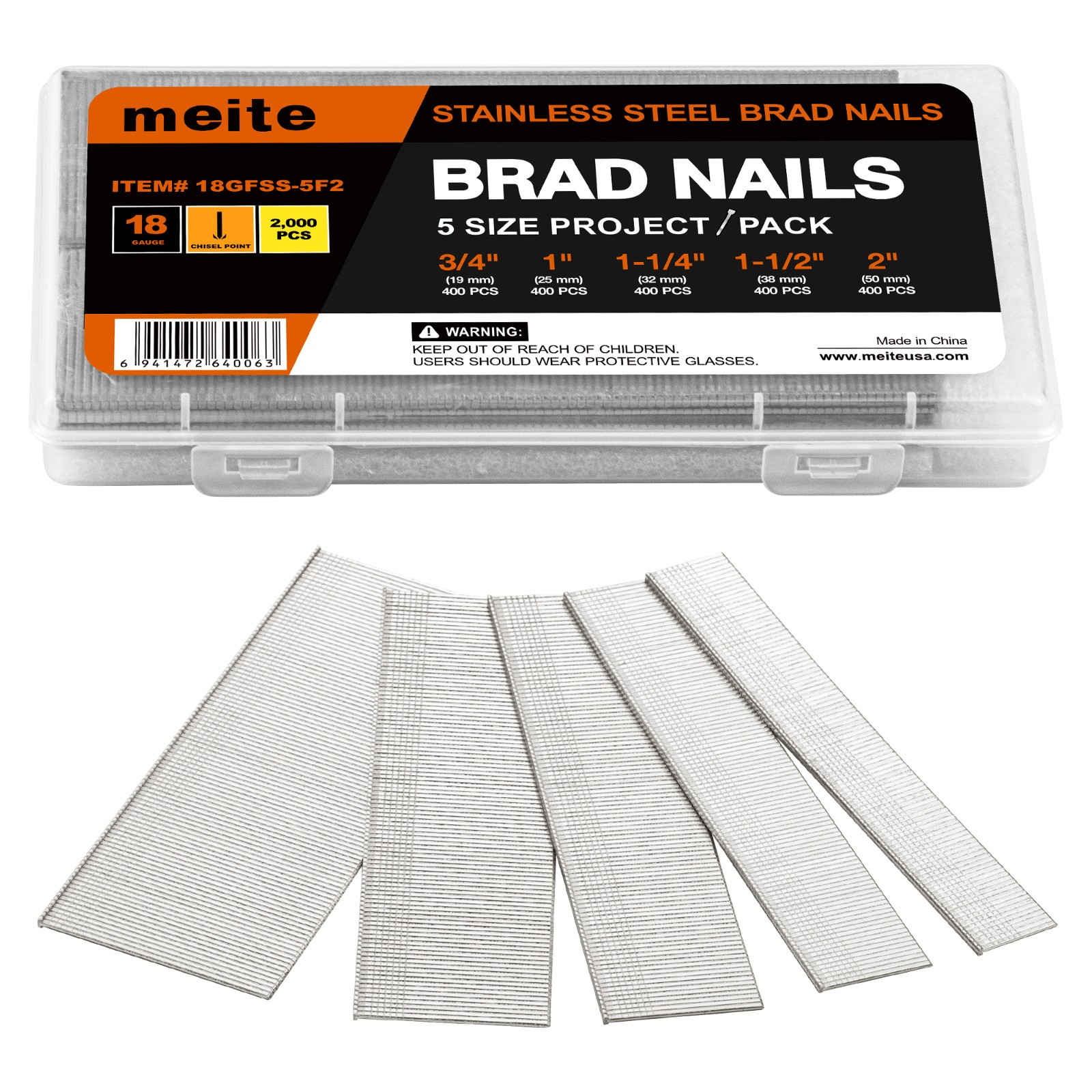 meite 18 Gauge Stainless Steel Brad Nails 5 Sizes (3/4″,1″, 1-1/4″, 1-1/2″, 2″)