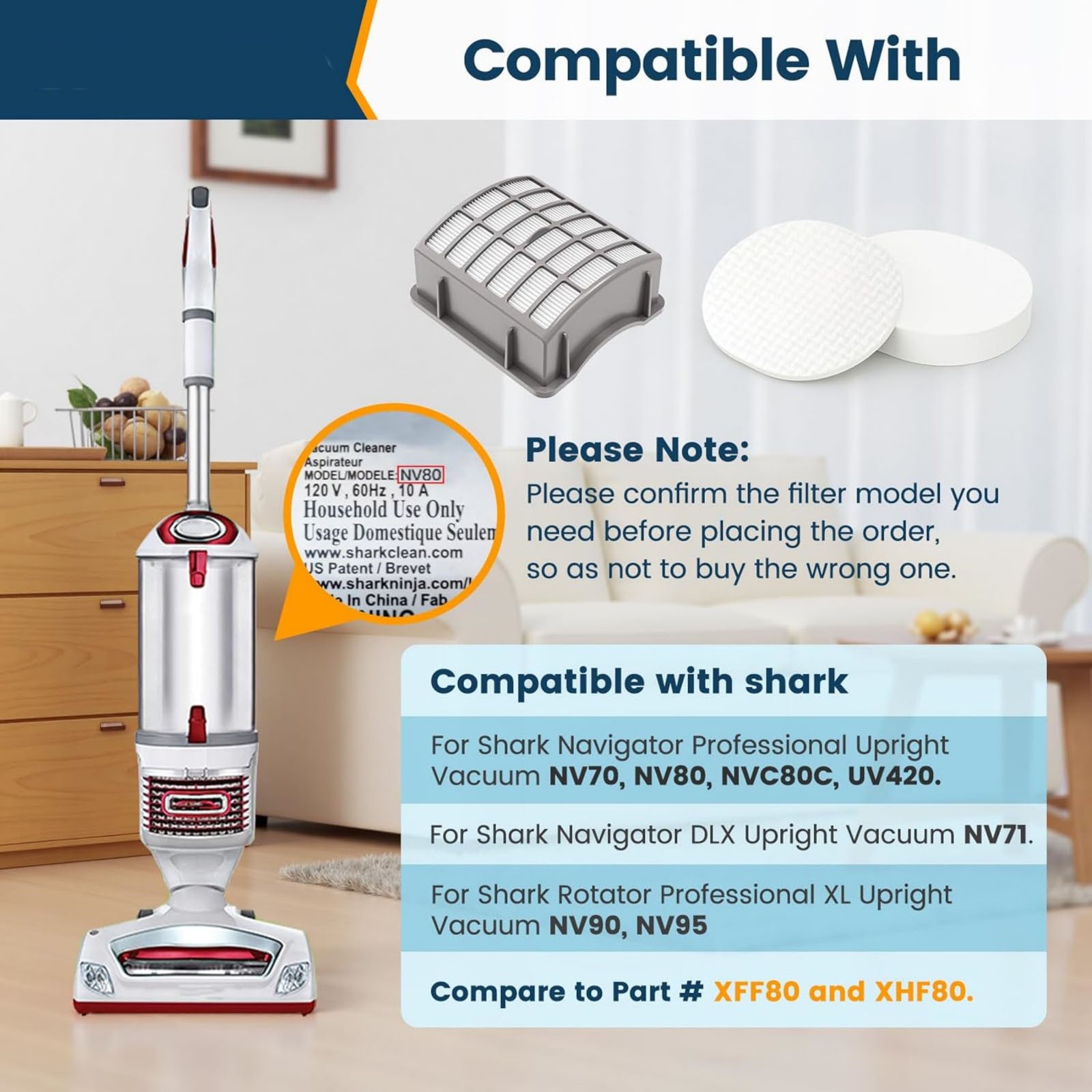 XHF80 Filter Kit Replace Every 3-6 Months For Shark Navigator NV60 NV80 Vacuum