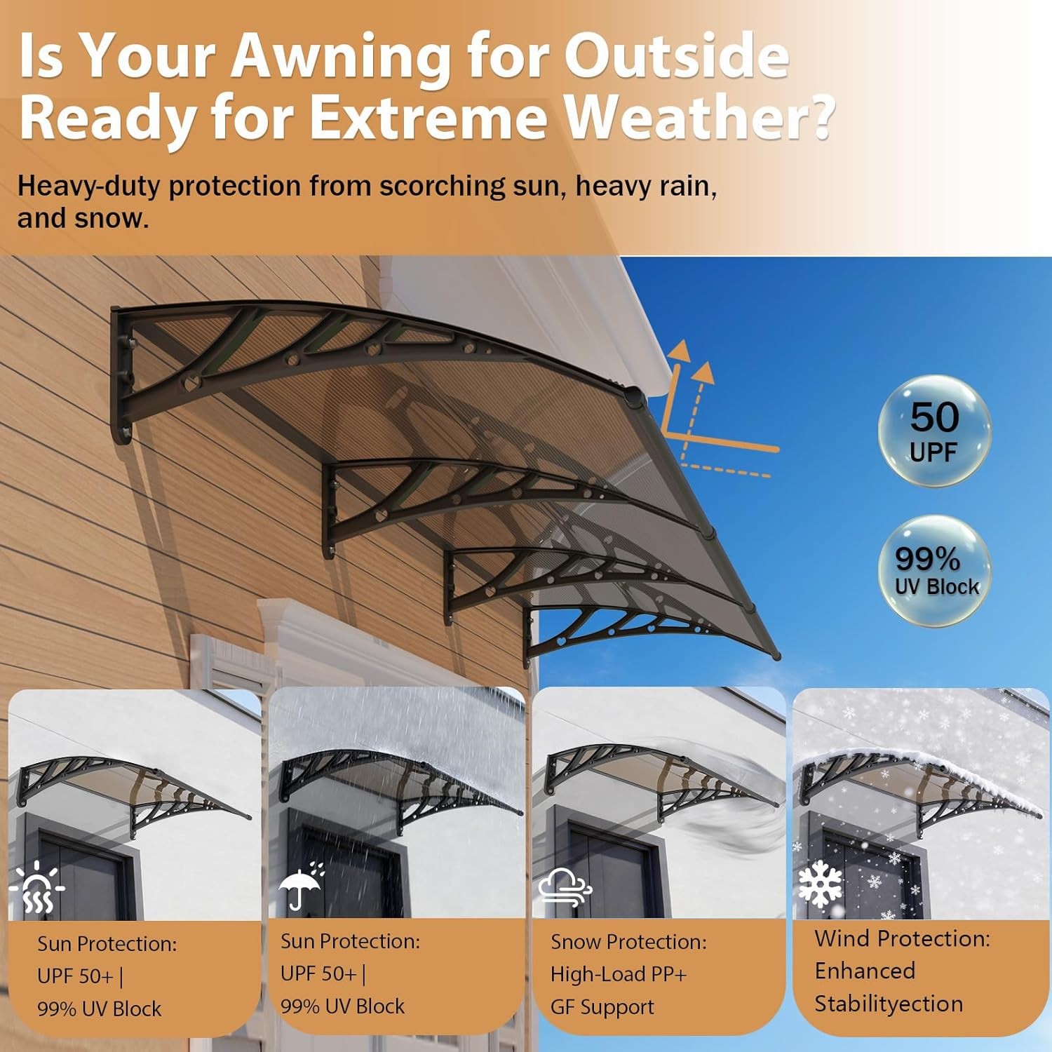 102x41cm Door Awning, Polycarbonate Window Canopy UPF 50+ for Rain Snow Sun