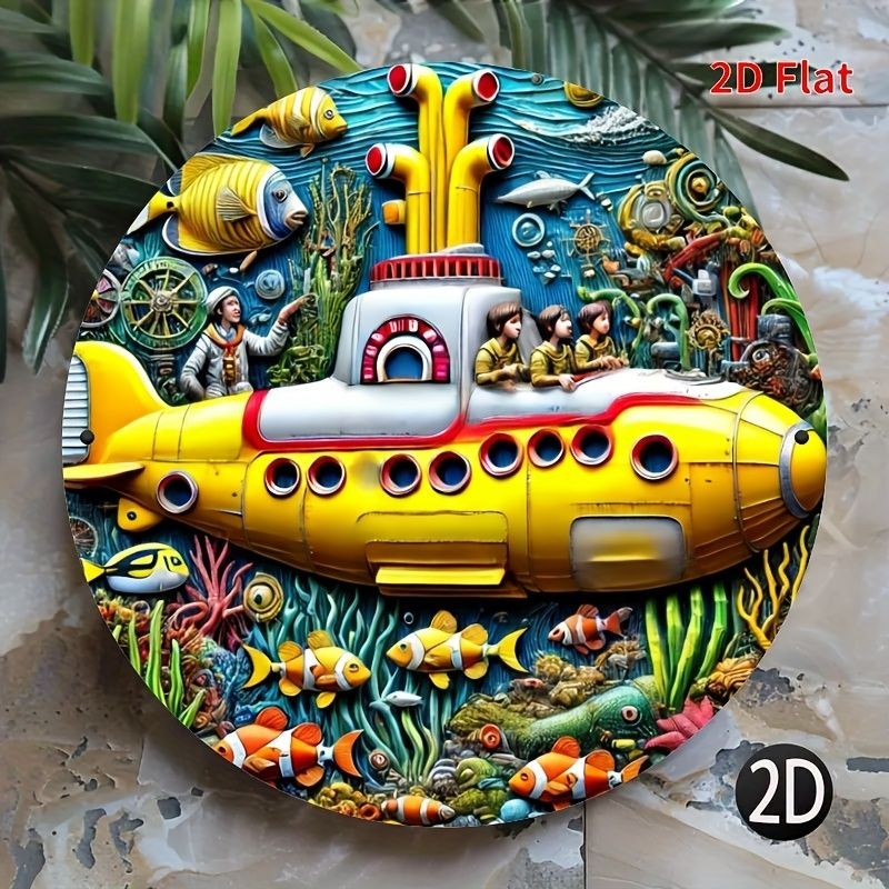 Round Vintage Yellow Submarine Metal Sign Ocean Themed Wall Art Decoration Gift